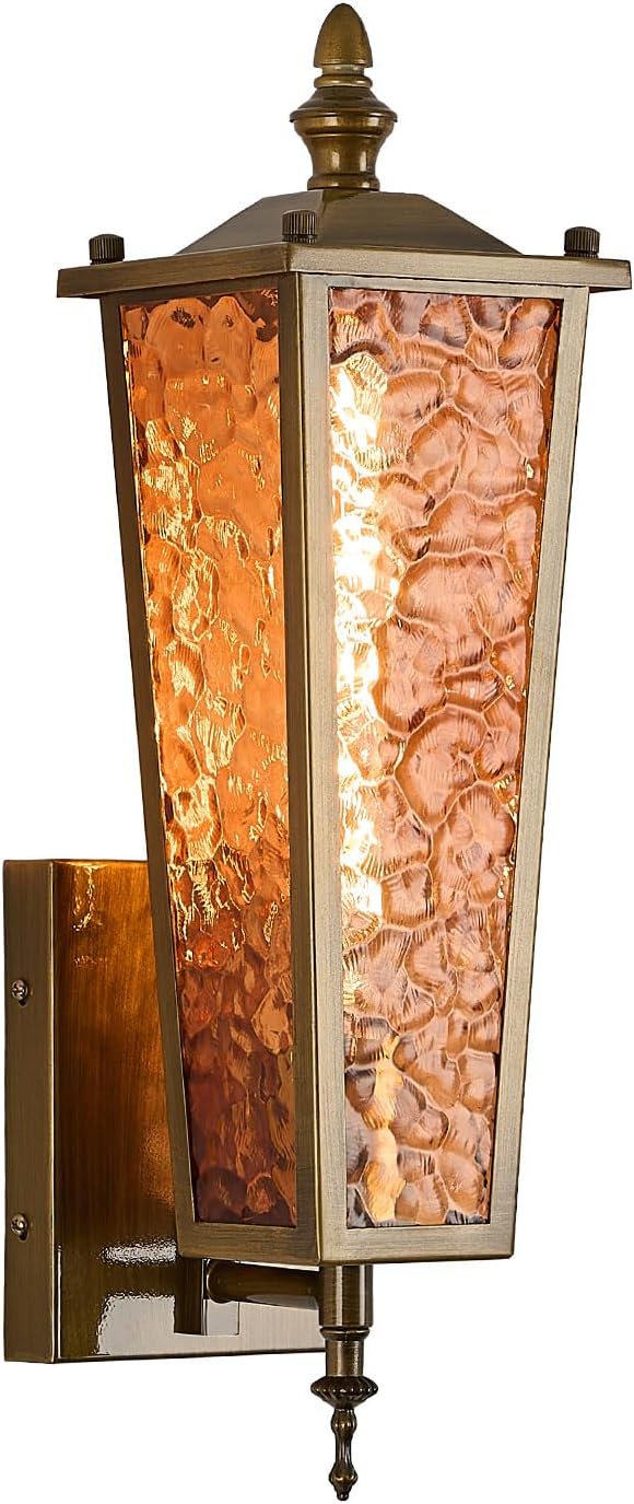 Outdoor Wall Sconce,Vintage Gold E26 Base 17.7in - Exterior Waterproof Lighting Metal with Amber Glass,Farmhouse Porch Lantern Wall Mount Light,for Garage,Patio,Front Door,Entryway