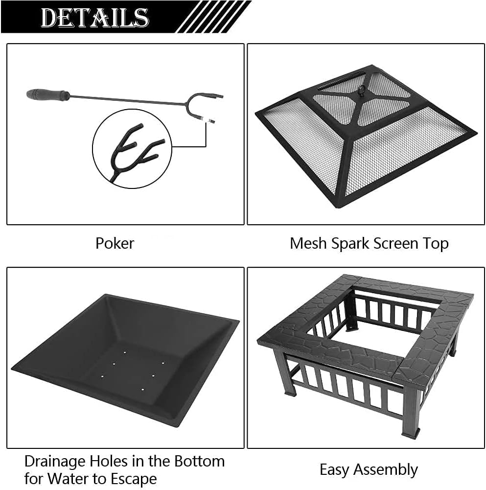 Outdoor Fire Pits BBQ, Backyard Firepit Table, Patio Garden Stove Wood Burning Fireplace, Spark Screen Cover, Poker, Rain Cover