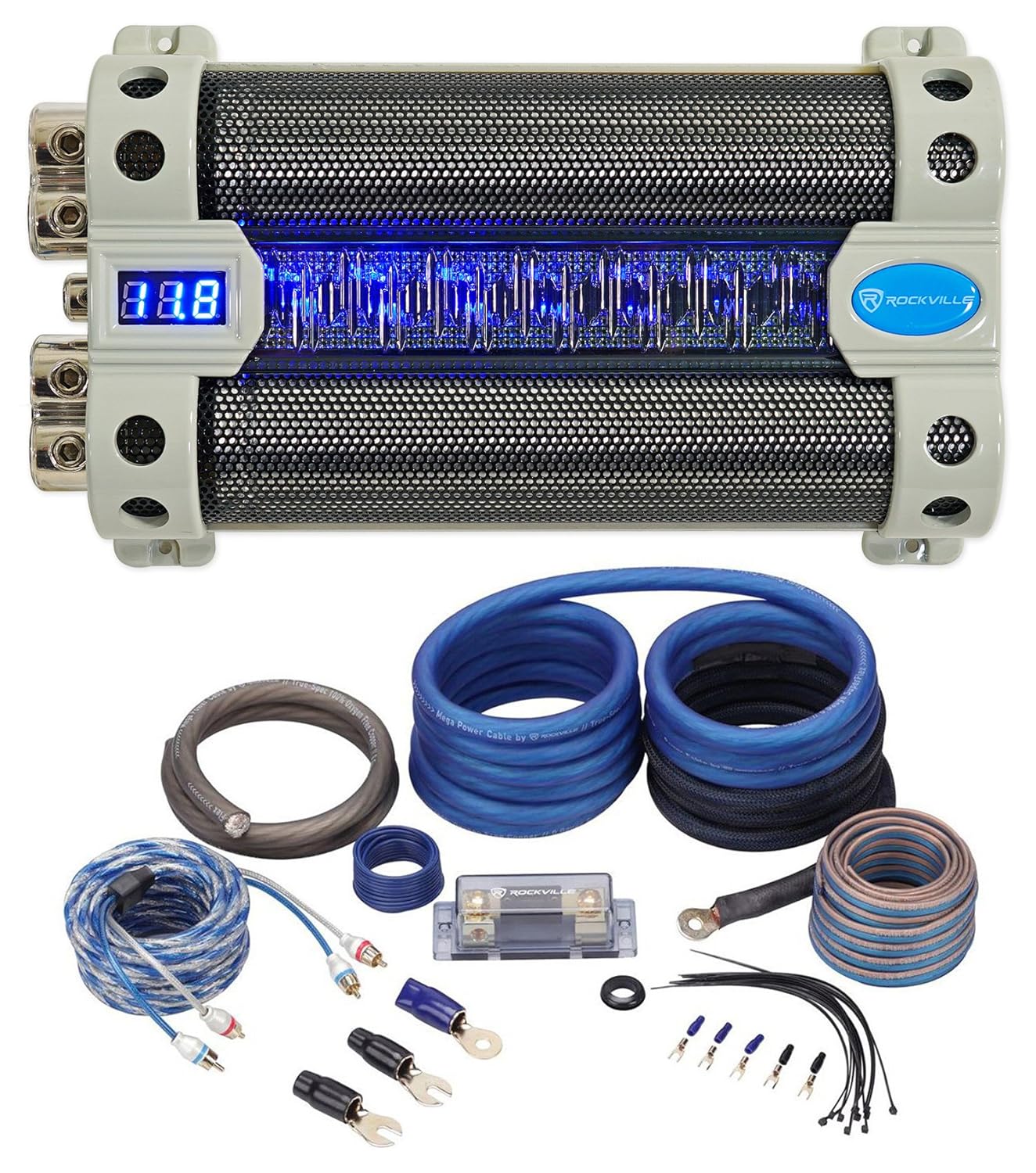 Rockville RFC50F Bundle: 50 Farad car Audio Power Capacitor with Blue Voltage Display, RWK0CU 0 Gauge OFC Amplifier Wiring Installation kit with ANL Fuse Holder, 2-Items