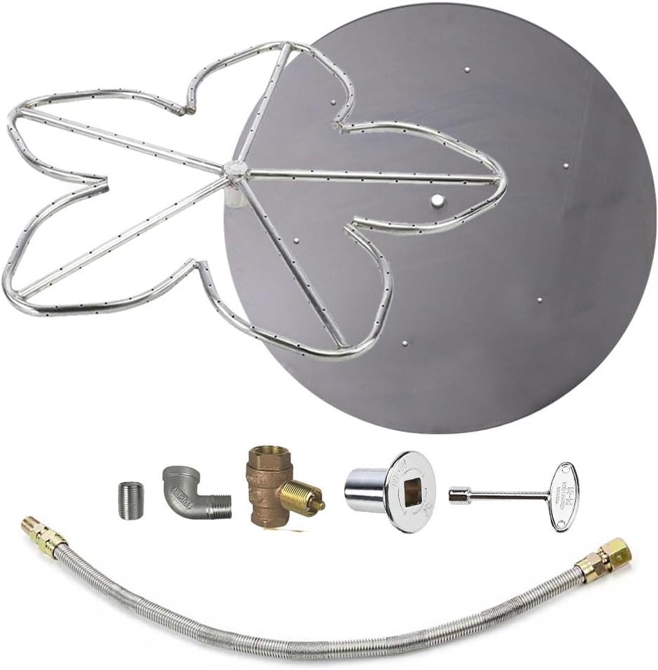 HPC Penta Match Lit Fire Pit Burner Kit with 48-Inch Stainless Steel Burner and 54-Inch Square Flat Pan, Natural Gas, Polished Chrome, with Flange, Key, Valve, Flex Line and Fittings