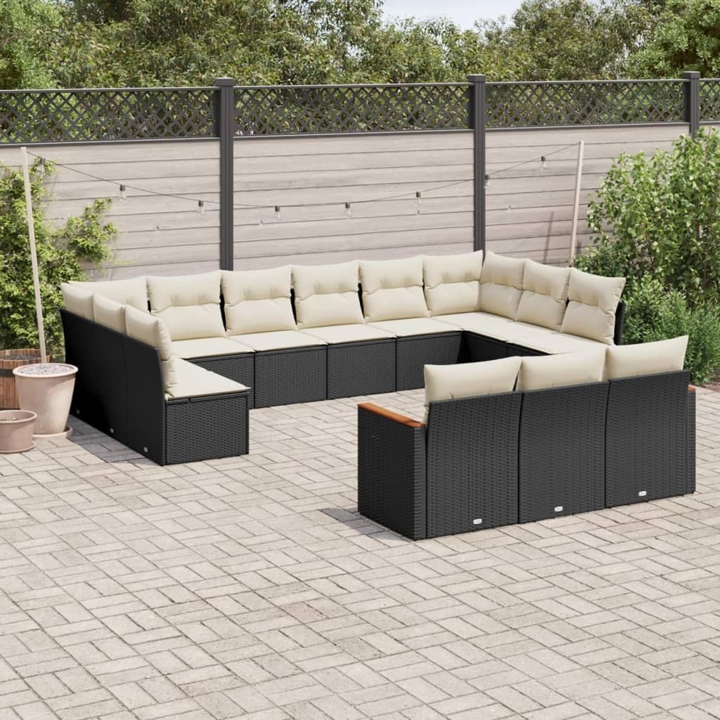 13-Piece Modular Garden Sofa Set in Black and Cream White, Outdoor Patio Furniture with PE Rattan and Steel Frame, Washable Cushions, All-Weather Resistant, Includes Storage