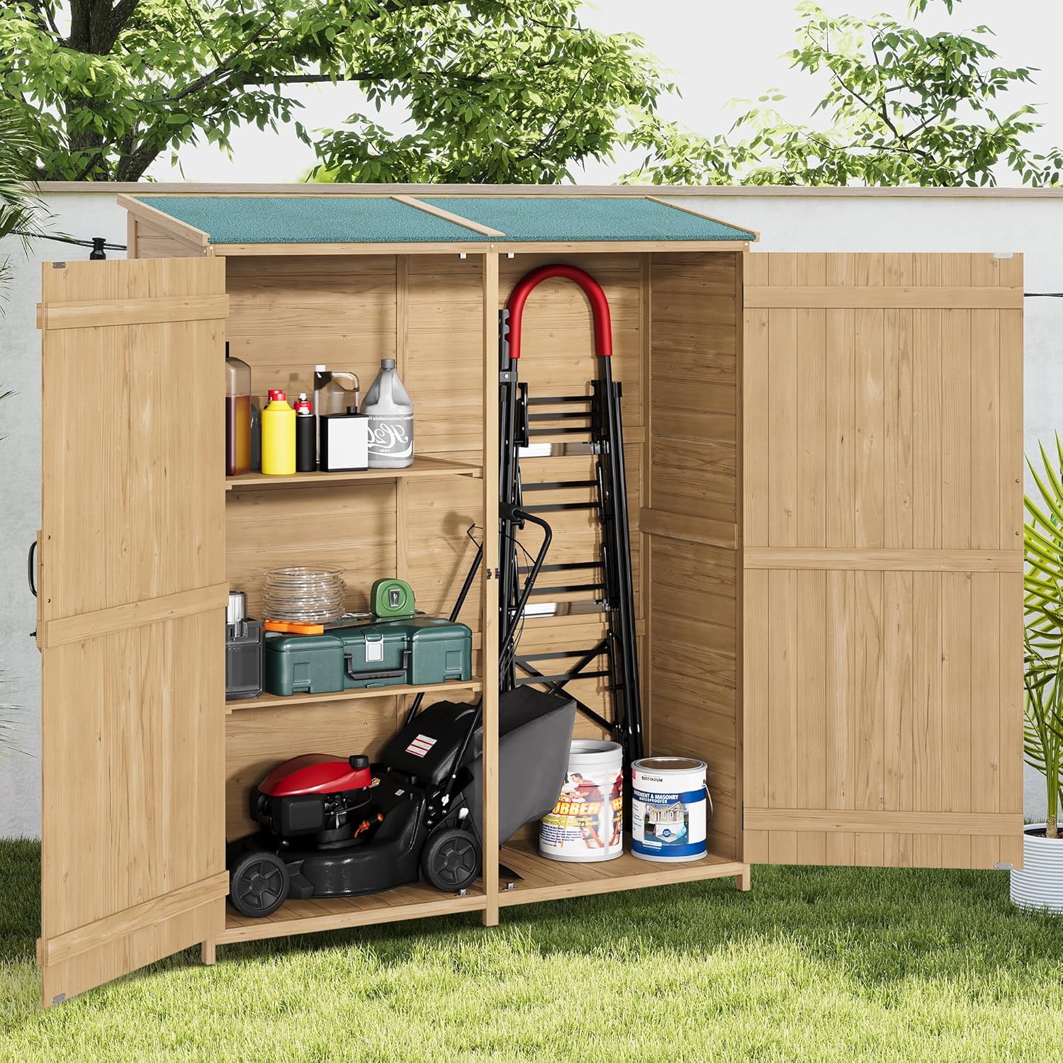 Outdoor Storage Shed with Waterproof Asphalt Roof 2 Removable Adjustable Shelfs and Double Lockable Doors Garden Tool Storage Cabinet with Side Shelf for Long-Size Tools for Yard Garage 33.52 CU.FT