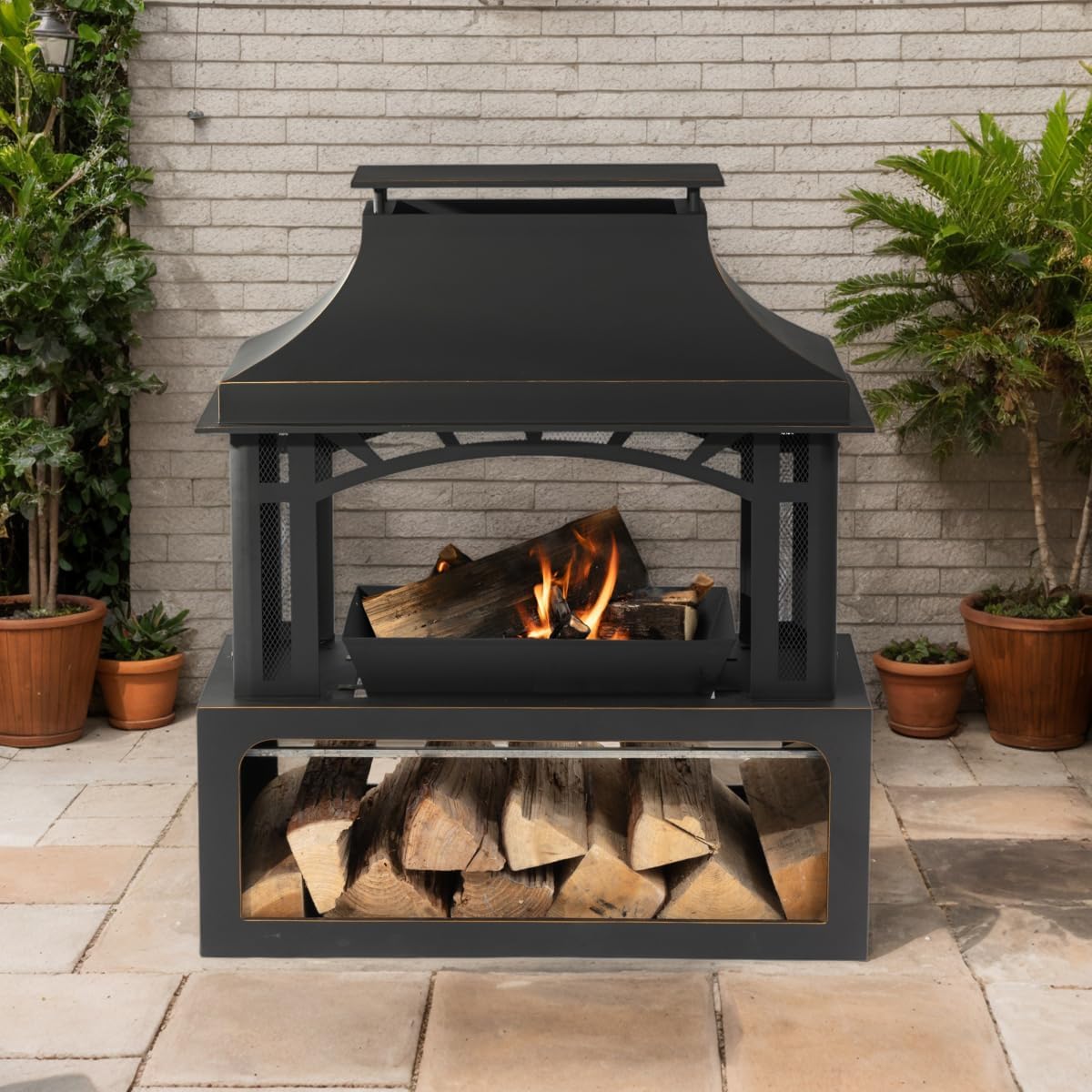 40-inch Wood Burning Fireplace with Chimney, 50,000 BTU Outdoor Steel Fire Pit with Spark Screen & Wood Storage for Patio, Garden, Backyard - Matte Black