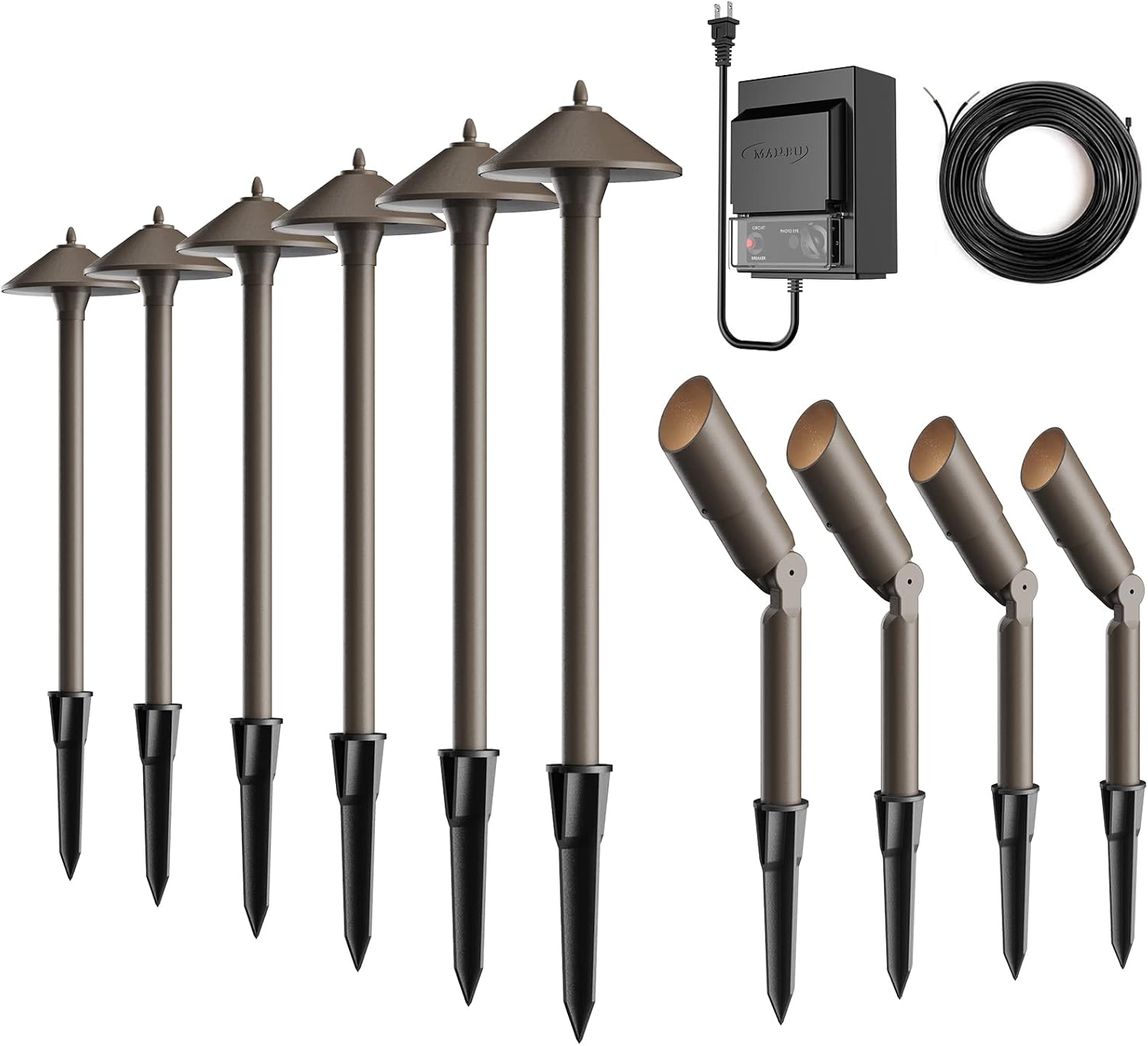 Malibu Low Voltage Landscape Lights Kit Outdoor Pathway Lighting 12V spot Lights 10 Pack with Electrical Wire and Low Voltage Transformer for Outdoor Garden Driveway 8308-9903-10, Bronze