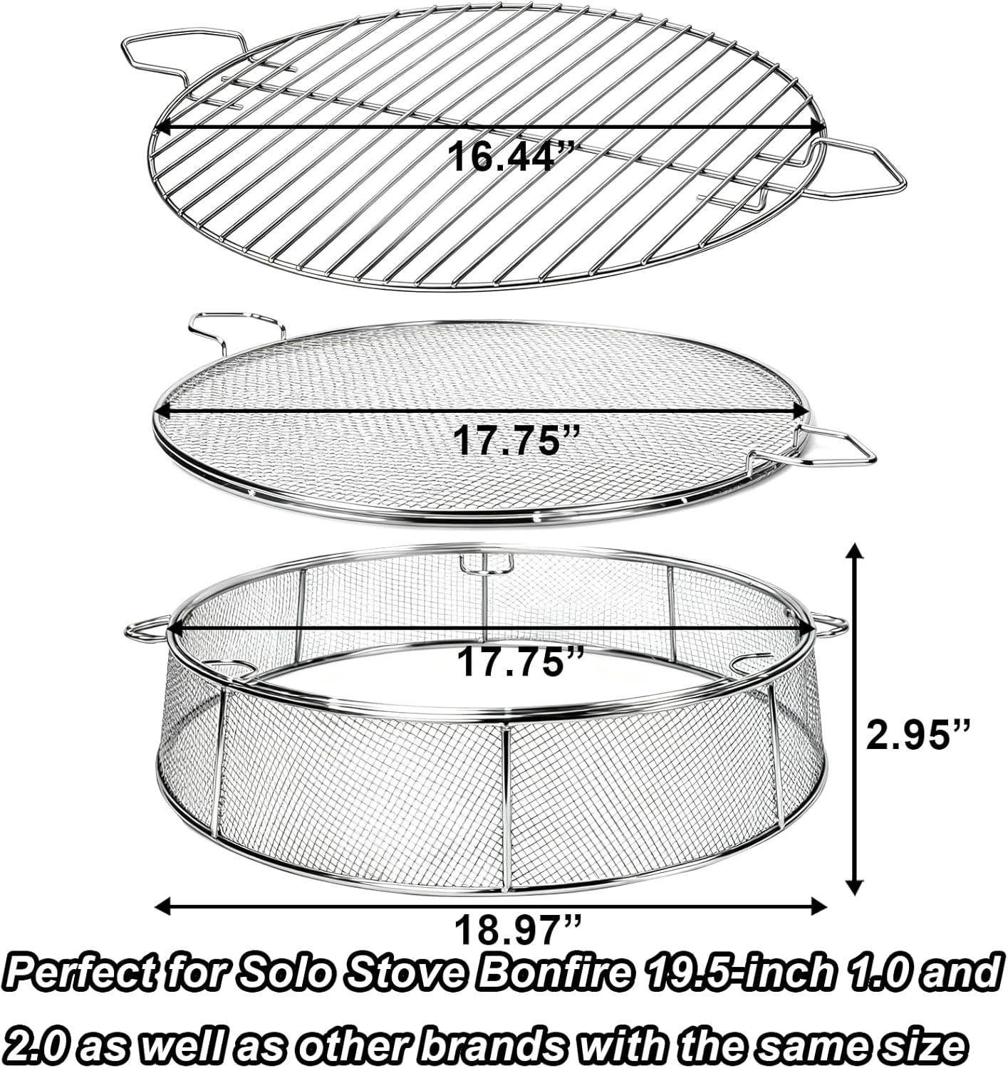 Fire Pit Spark Shield Cover & Cooking Grate for Solo Stove Bonfire 19.5 Inch, 304 Stainless Steel Fire Pit Accessories with Stand & 2 Guide Sticks, All-in-One Lid, Spark Screen and Grill Grate​​