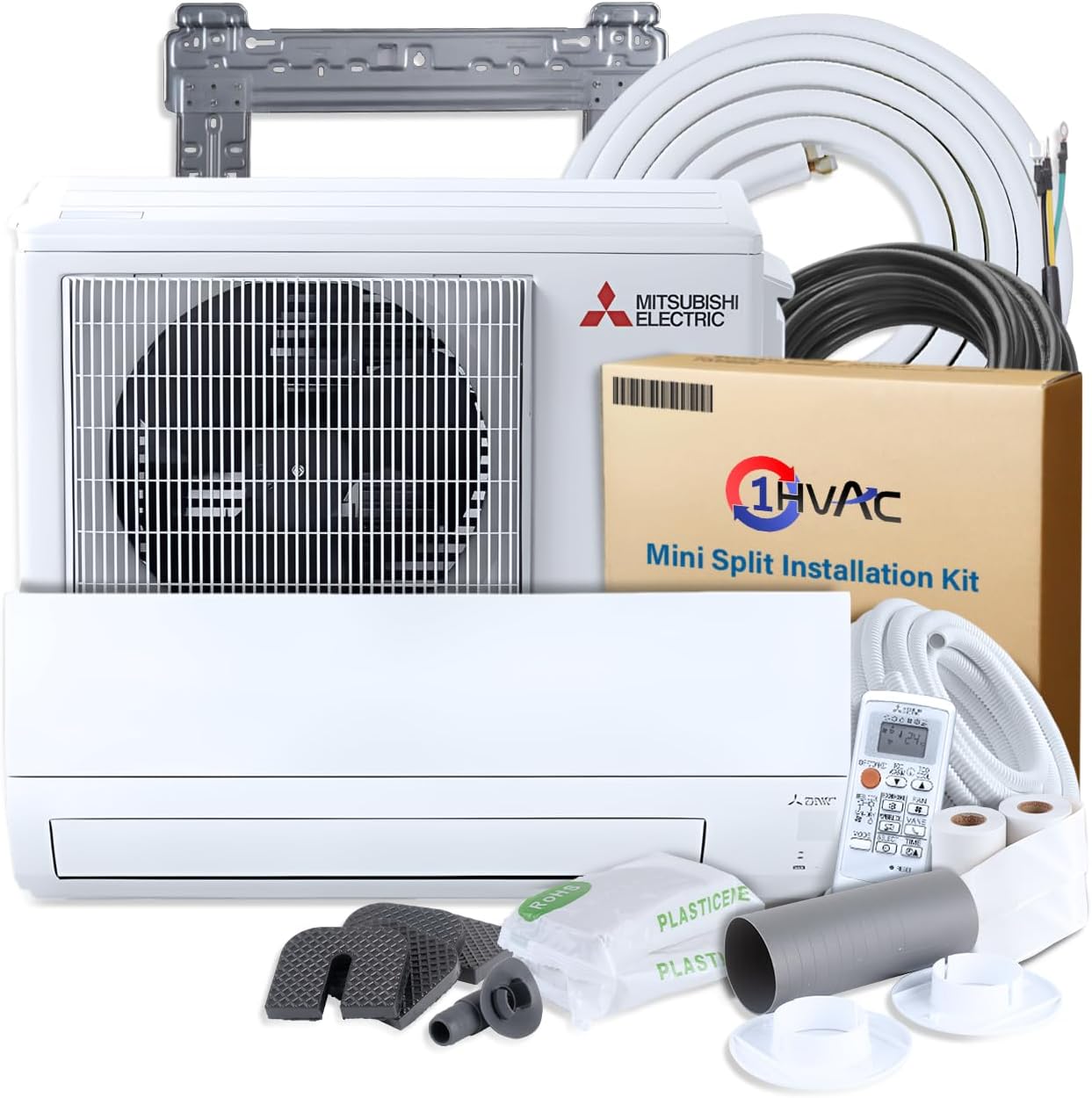 Mitsubishi 12000 BTU 20 SEER2 HX-Series Mini Split Heat Pump System with 15ft Line Set & Installation Kit - R454B Single Zone | High Efficiency Wall Mounted Ductless AC/Heating Unit