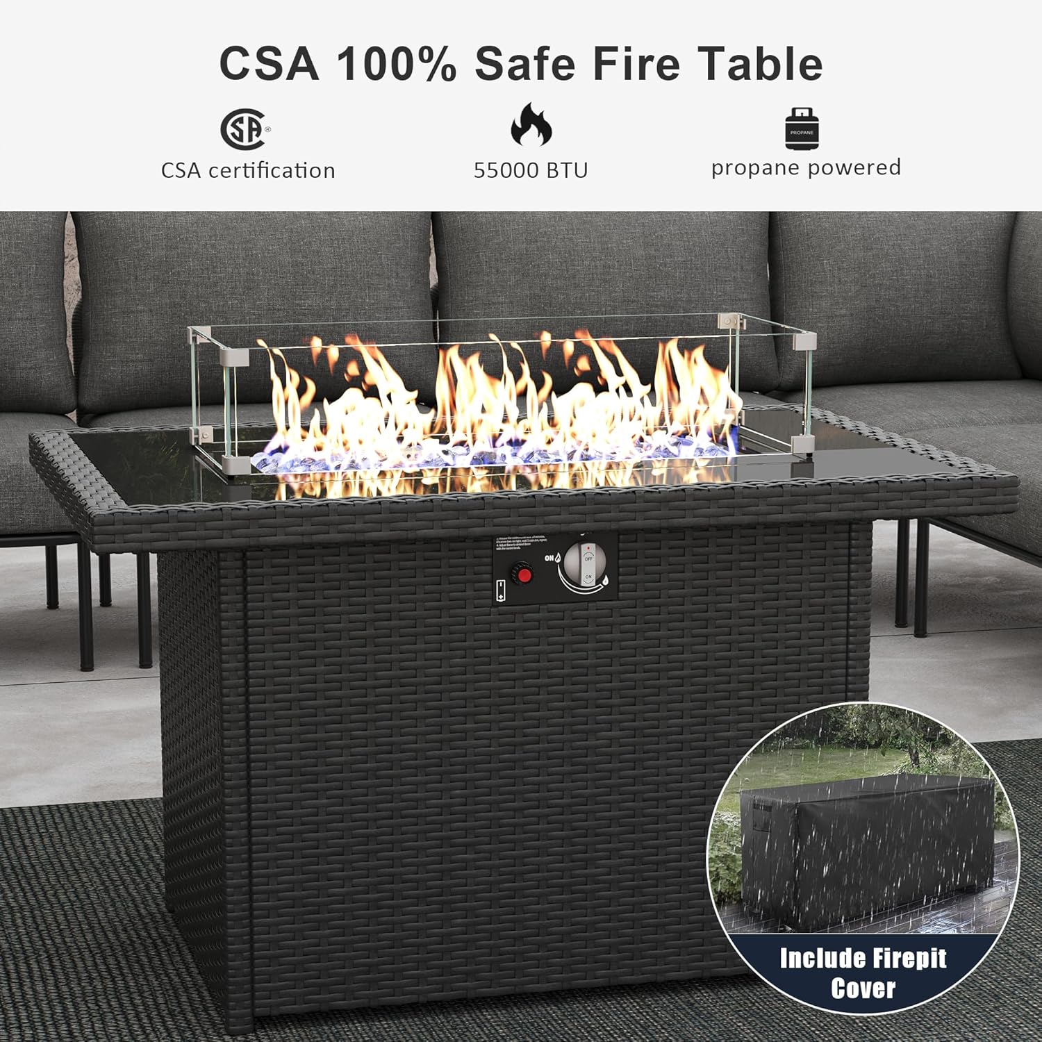 LayinSun 9 Pieces Aluminum Patio Furniture Set, Modern Modular Sectional Sofa with Fire Pit Table and Upgrade Thickness Cushion