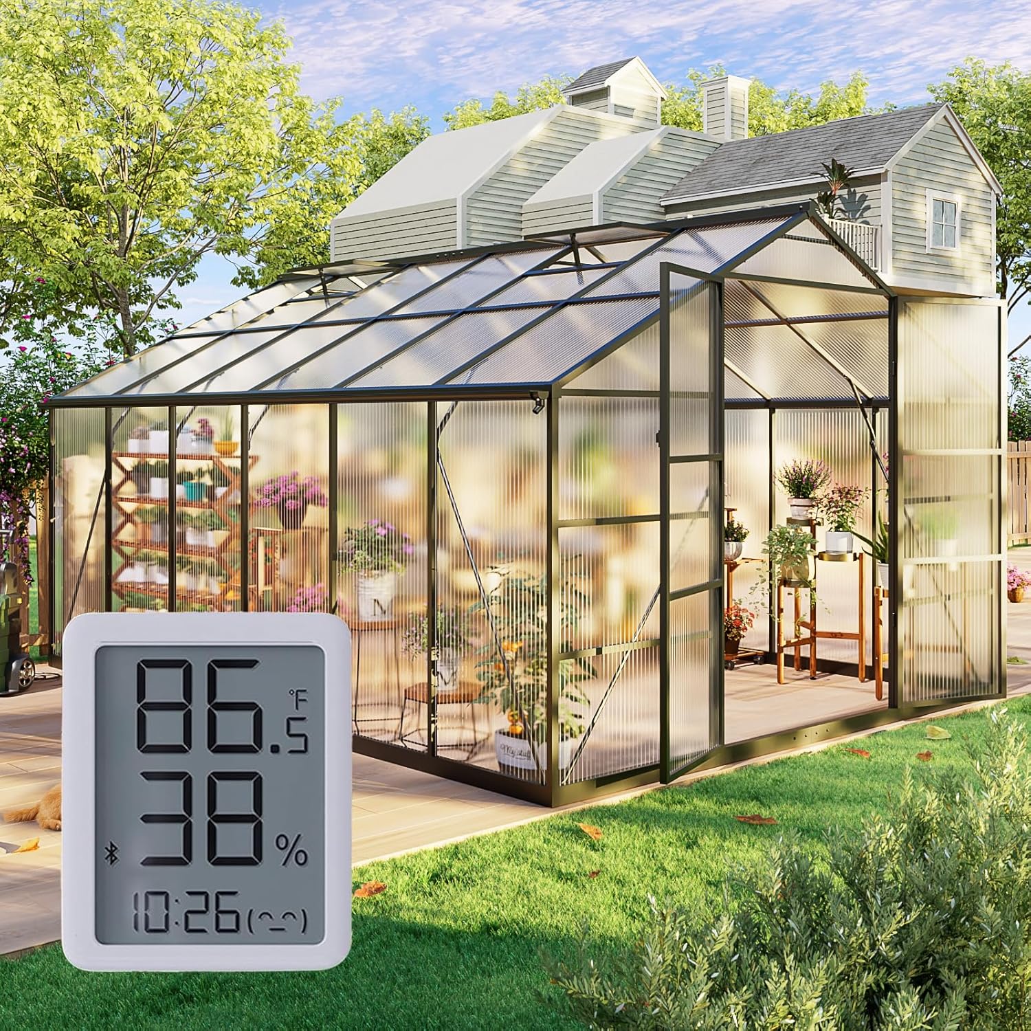 10x12FT Greenhouses for Outdoors, Polycarbonate Green House with UV Protection, Heavy Duty Greenhouse with Windproof Aluminum Frame, Roof Vent & Hygrometer for Backyard or Garden Use