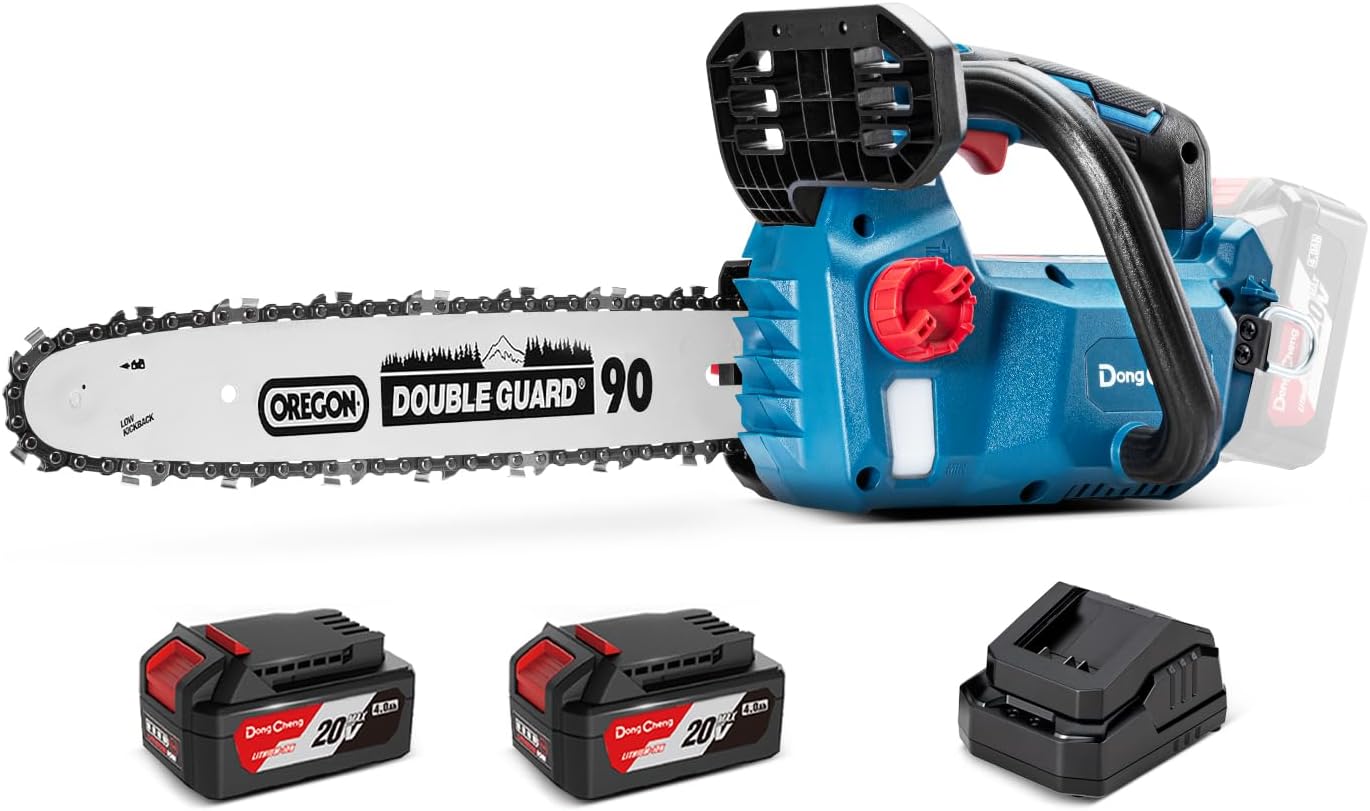 Dong Cheng 12 Inch Brushless Cordless Chainsaw, 20V Battery Powered with 2×4000mAh Batteries, 12m/s Chain Speed, Tool-Free Tensioning, Auto Oiler & Chain Brake, Ideal for Wood Cutting & Tree Trimming