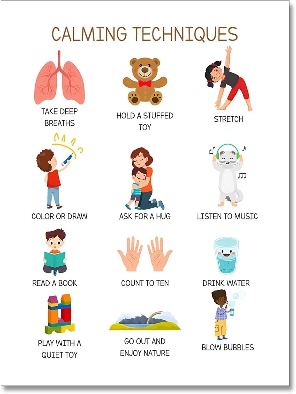 Preschool Calm Down Corner Posters, Mental Health Feelings Chart with Calming Strategies for Toddlers Kids, Classroom Bulletin Board Wall Art Decorations(Framed,16x24inch(40x60cm))