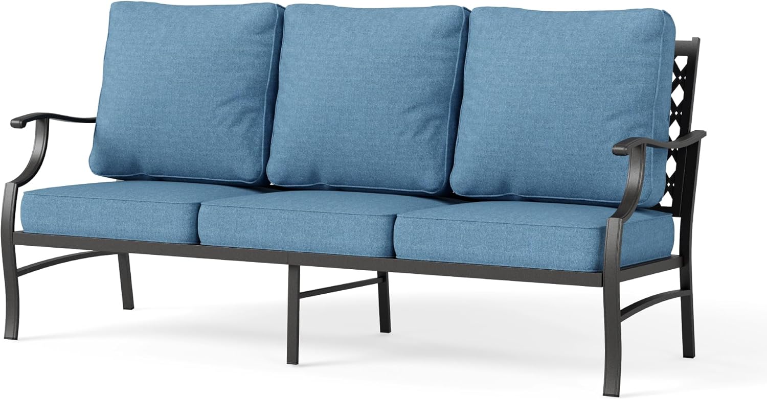 HERA'S HOUSE Patio Furniture Sofa, All-Weather Outdoor 3 Seats Couch, Outdoor Patio Couch with Deep Seating and Olefin Cushions for Lawn Garden Backyard, Navy Blue