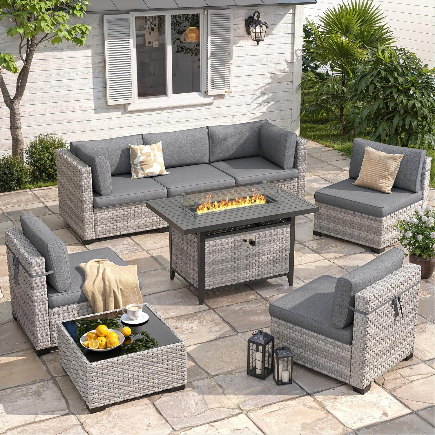 6-Seat Modern Outdoor Wicker Rattan Patio Furniture Set with 55,000 BTU Fire Pit Table, Thick 4″ Cushions, All-Weather Dual-Strand Rattan, Rust-Resistant Steel Frame,Black