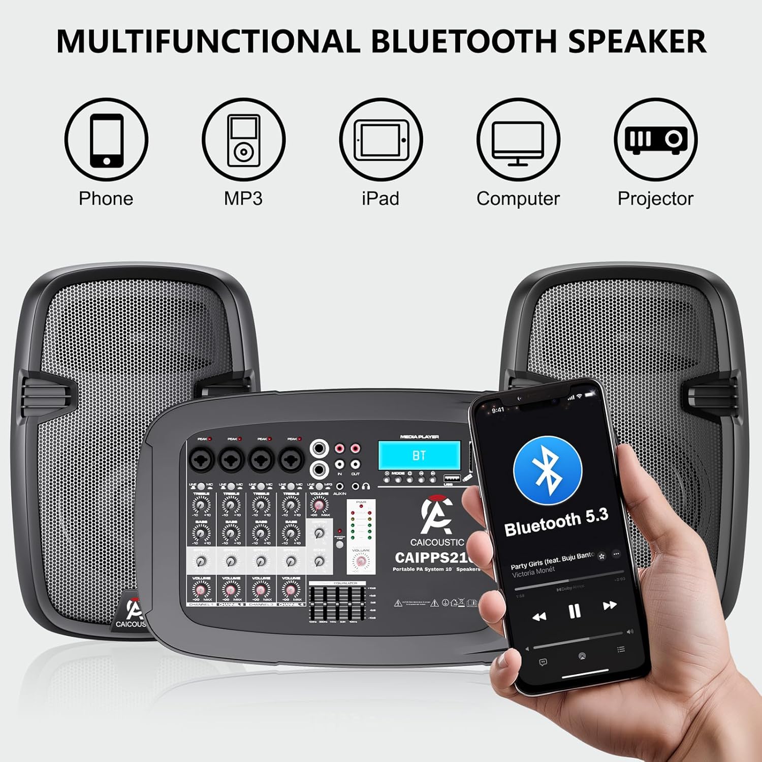 8-Channel Portable PA System with Bluetooth, Microphone, 2 Speaker Stands, USB, Reverb/Delay Effects - Perfect for Outdoor Events, Parties, Weddings, Church Services (2 x 10 Woofers)