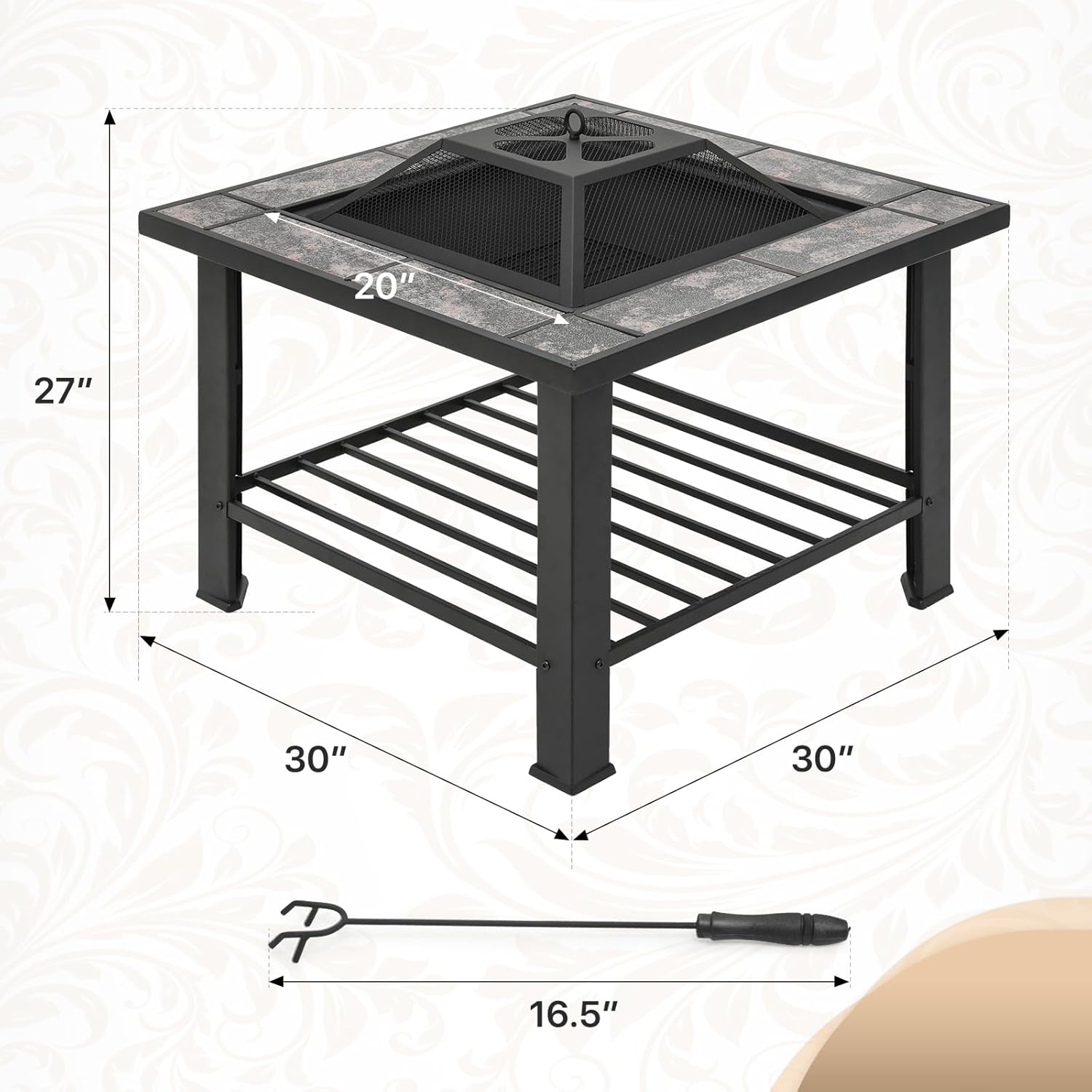Athena Collection 30 in Patio Fire Pit Table, 3 in 1 Multiuse Square Iron Large Wood Burning Firepit Table Outdoor Fireplace with Spark Screen Log Grate Poker for Outside Heating Camping BBQ Bonfire