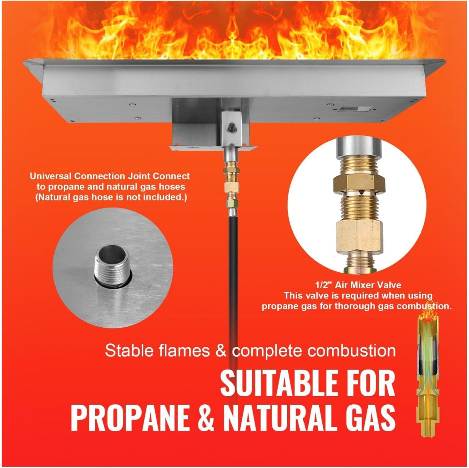 36 x 12 inch Drop-in Fire Pit Pan, Rectangular Stainless Steel Fire Pit Burner Kit, Natural & Propane Gas Fire Pan 150,000 BTU with H-Burner for Indoor or Outdoor Use