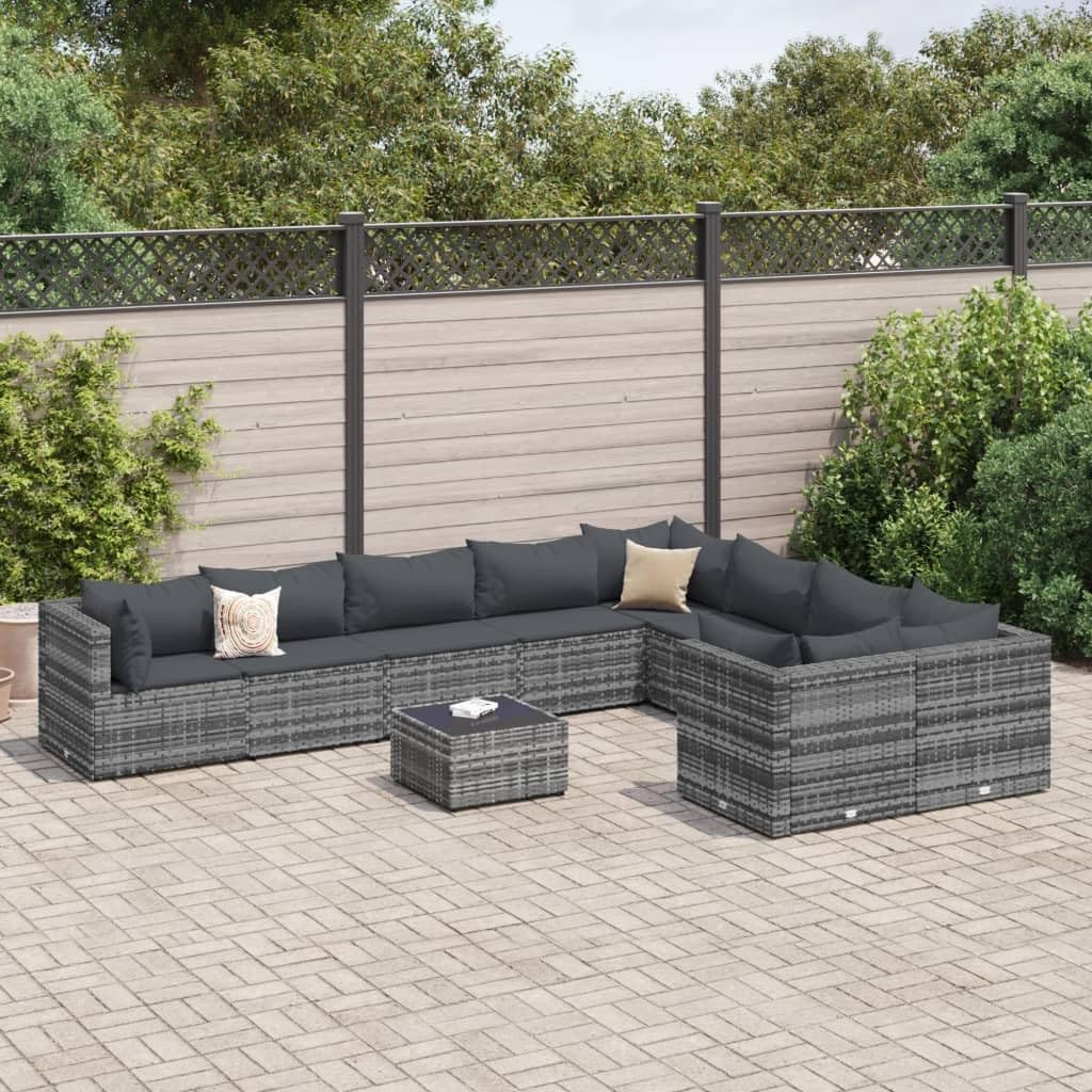 10 Piece Patio Sofa Set with Cushions Gray Poly Rattan,Modern Outdoor Sofa Set with Durable PE Rattan Wicker and PowderCoated Steel Frame for Patio, Balcony, Garden Patio Furniture Sets, Outdoor Furni
