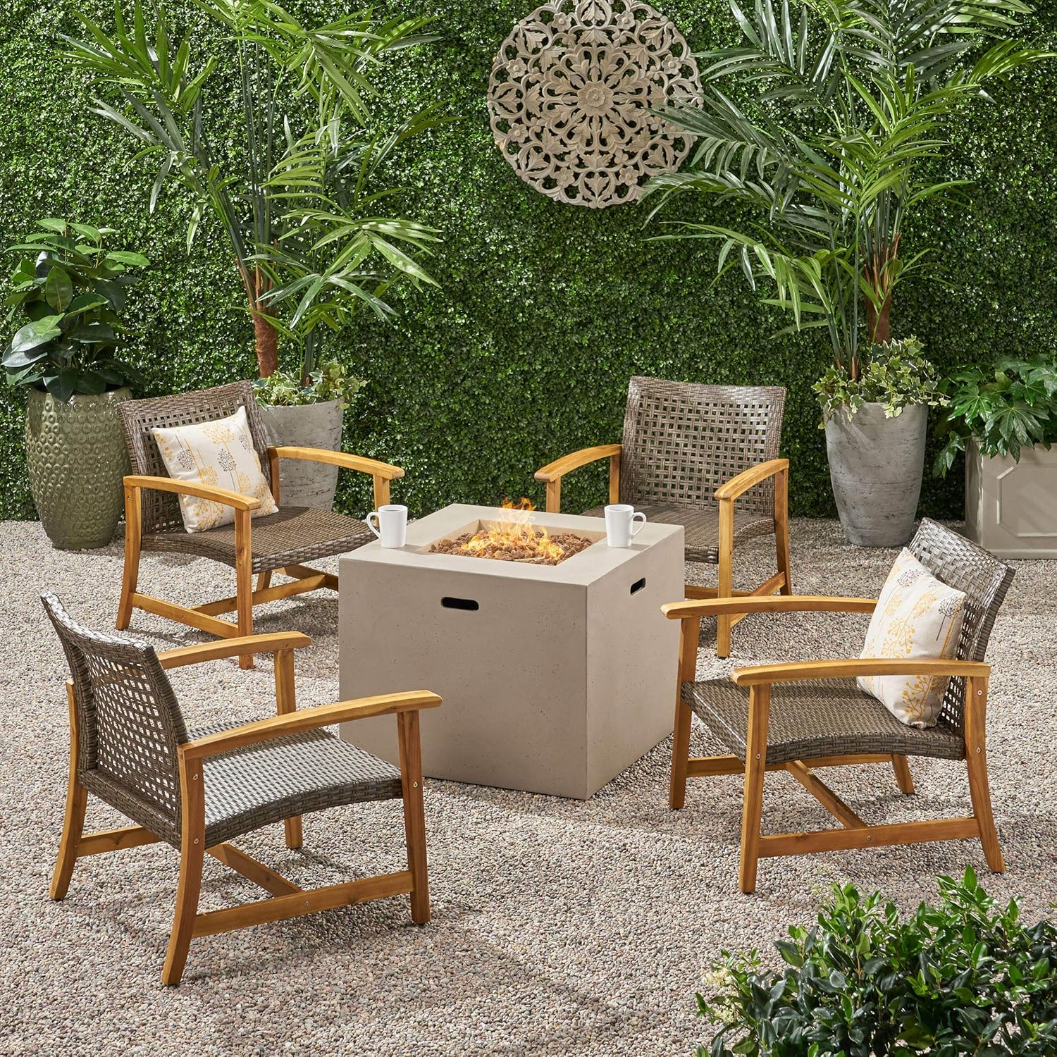 GDFStudio Outdoor 5 Piece Wood and Wicker Club Chairs and Fire Pit Set, Mixed Mocha and Light Gray