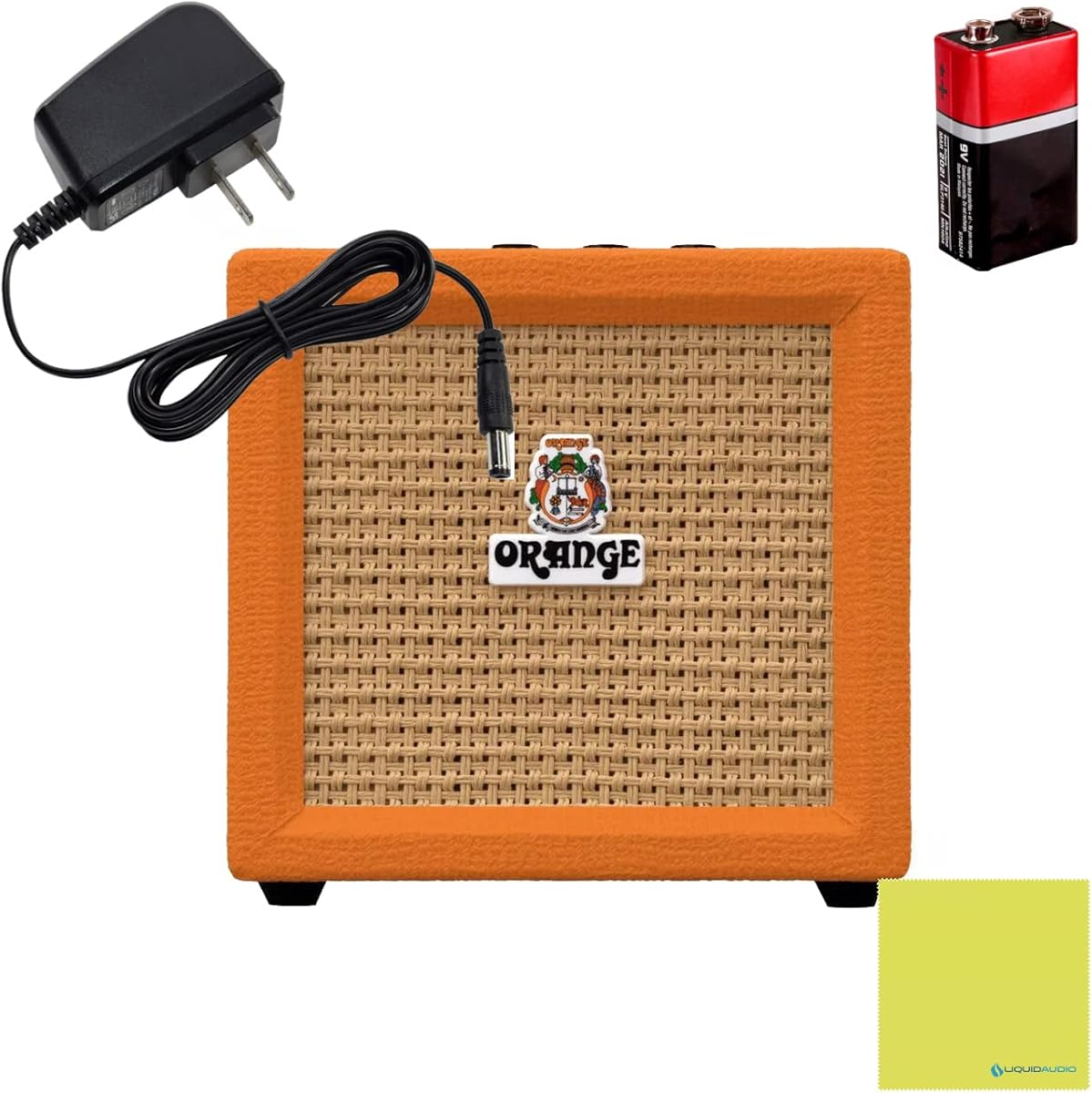 Orange Crush Amp Mini 3W Analogue Combo Battery Powered Amp Bundle with AC Power Adapter, 9V Battery & Polishing Cloth - Electric Bass Guitar Amp, Portable Practice Amp, Mini Speaker Amplifier