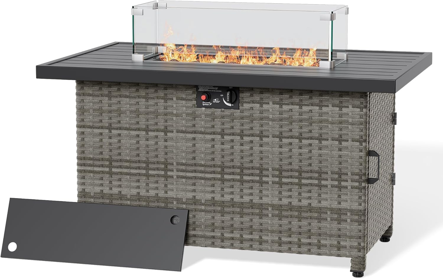 LHBcraft 44 Inch Propane Fire Pit, 50000 BTU Fire Pit Table with Glass Wind Guard and Lid, Gas Fire Pits for Outside Patio and Garden(Grey)