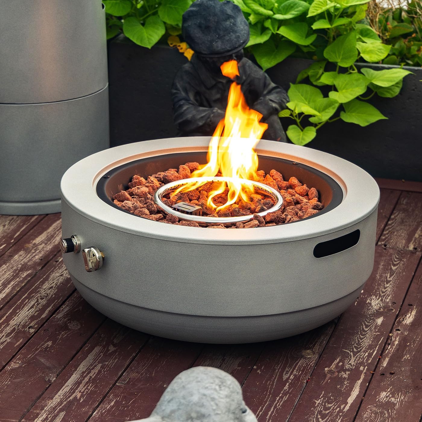 Portable Round Outdoor Heater for Patio Gas Fire Pit Bowl Stainless Steel Burner Ring Tabletop Firepits for Outside Use on Deck or Backyard Modern Gray