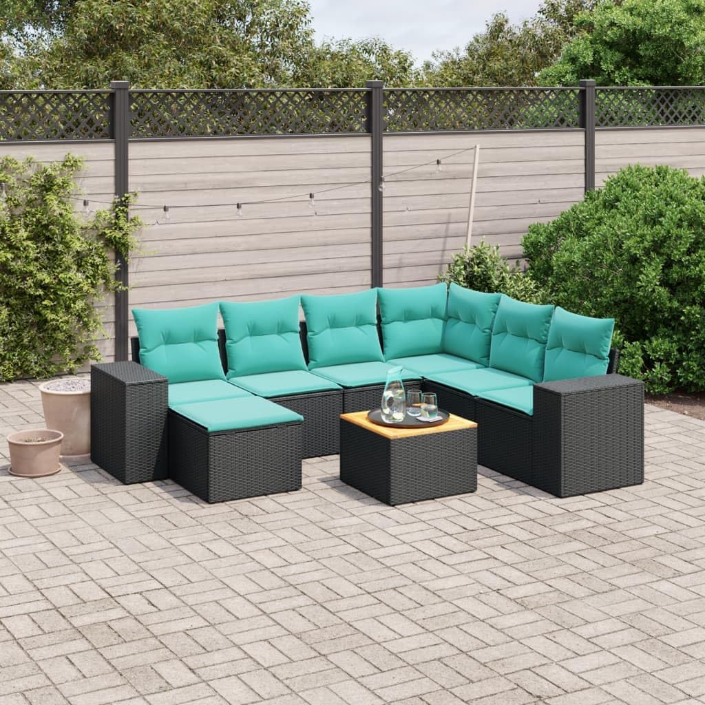 8 Piece Patio Sofa Set with Cushions, Black Poly Rattan Outdoor Furniture, Modular Sectional Seating for Garden, Terrace, Balcony