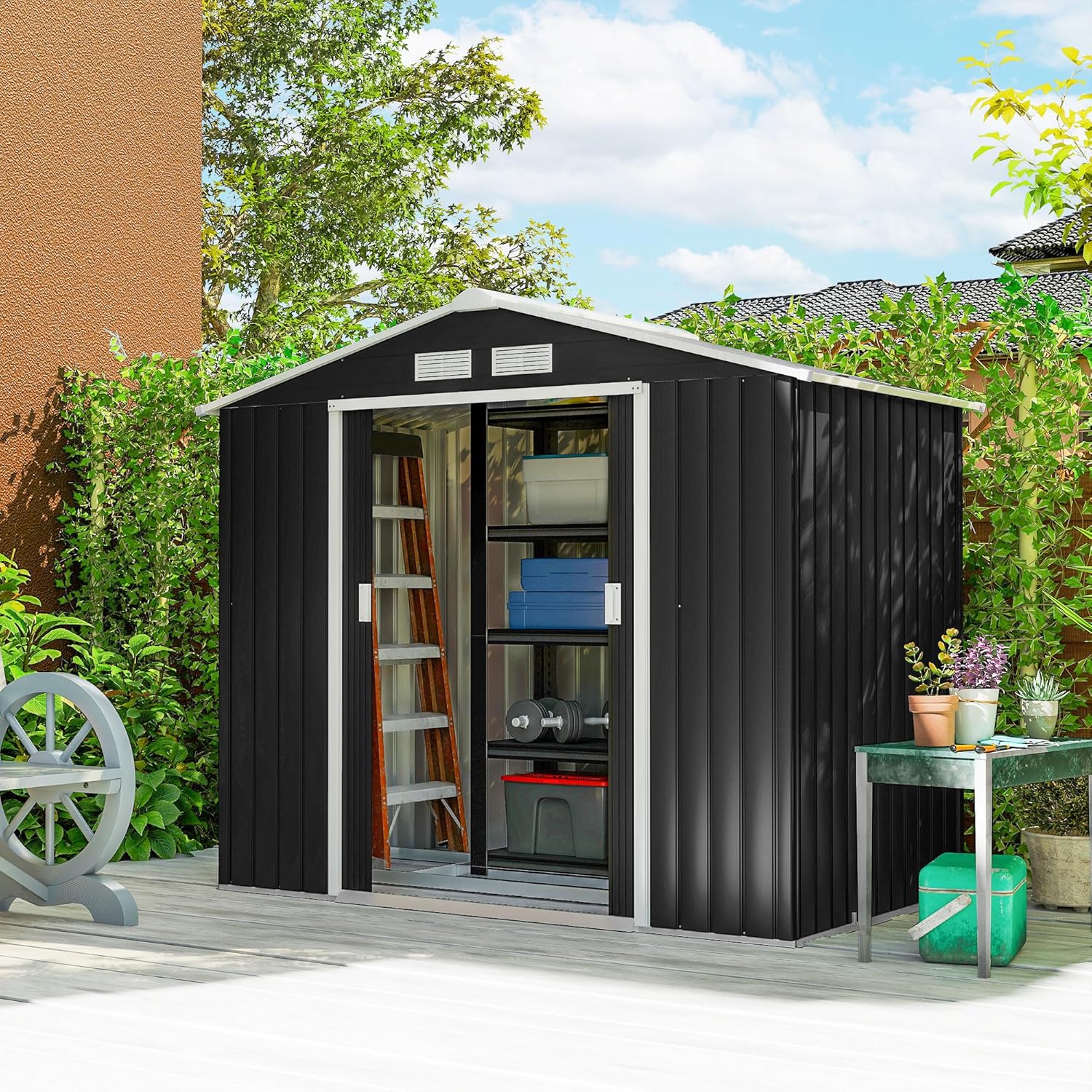 Outsunny 7' x 4' Outdoor Storage Shed, Garden Tool Metal Shed with Foundation Kit, Double Lockable Door, Air Vents and Sloping Roof, for Backyard, Patio, Lawn, Dark Gray