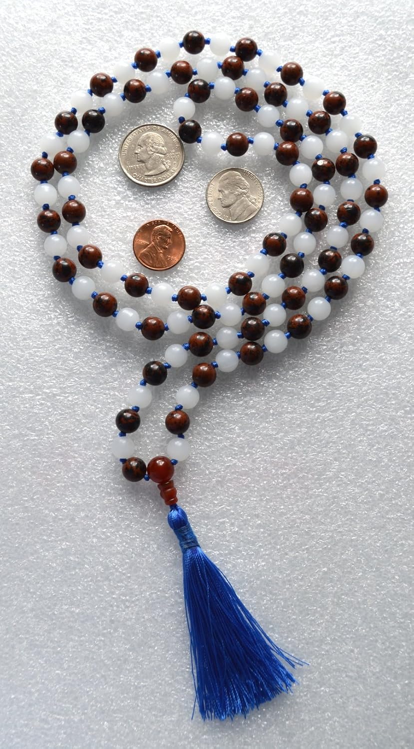 Moonstone and Obsidian Mala Necklace, Hand Knotted 8mm 108 Prayer Beads, Gift for Men Women, Unearth Your Inner Balance