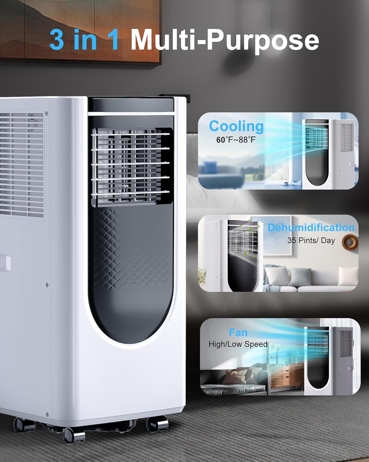 8000 Btu Portable Air Conditioners, 3 in 1 Portable AC with Cool, Dry, Fan Modes, Quiet Air Conditioners with 24H Timer & Sleep Modes, with Remote, for Bedroom, Apartments up to 350 Sq.Ft