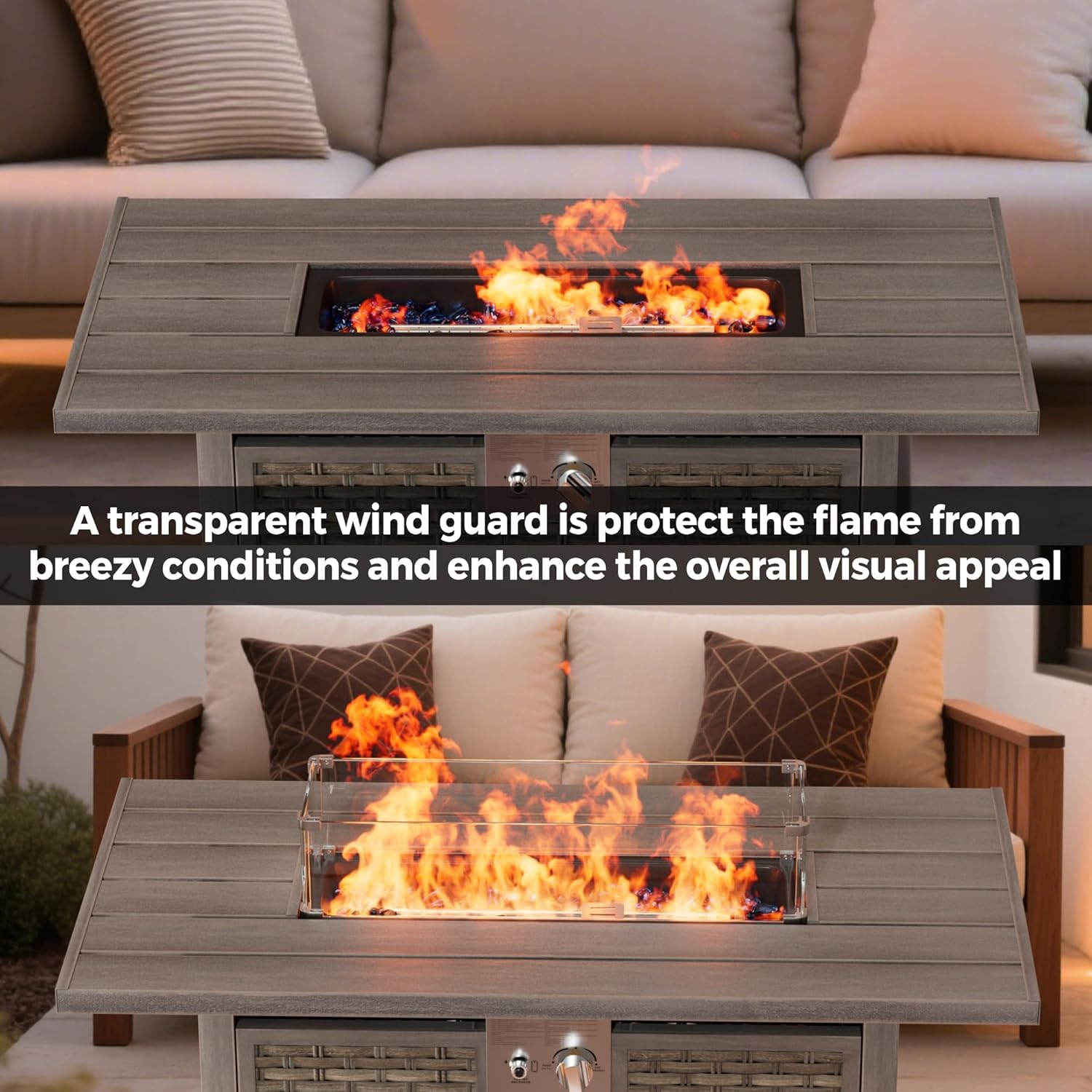 Outdoor Fire Pit Table with 50,000 BTU Output, 43 Inch Premium Gas Fire Pit Tables for Outside Patio, Balcony, Rectangle Propane Fire Pit with Glass Fire Stones (Brown)