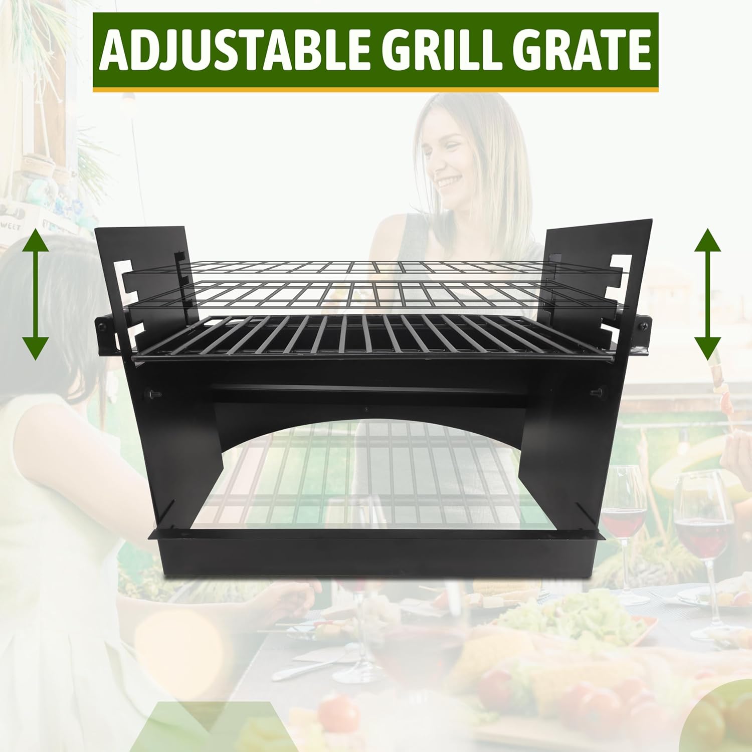 FEBTECH - Outdoor Fire Pit Insert Ring Liner with Adjustable Cooking Grill Grate - Heavy Duty Wood Burning Fire Pit with Cooking Grate for Outdoor Cooking Fireplace, Bonfire or Campfire Black