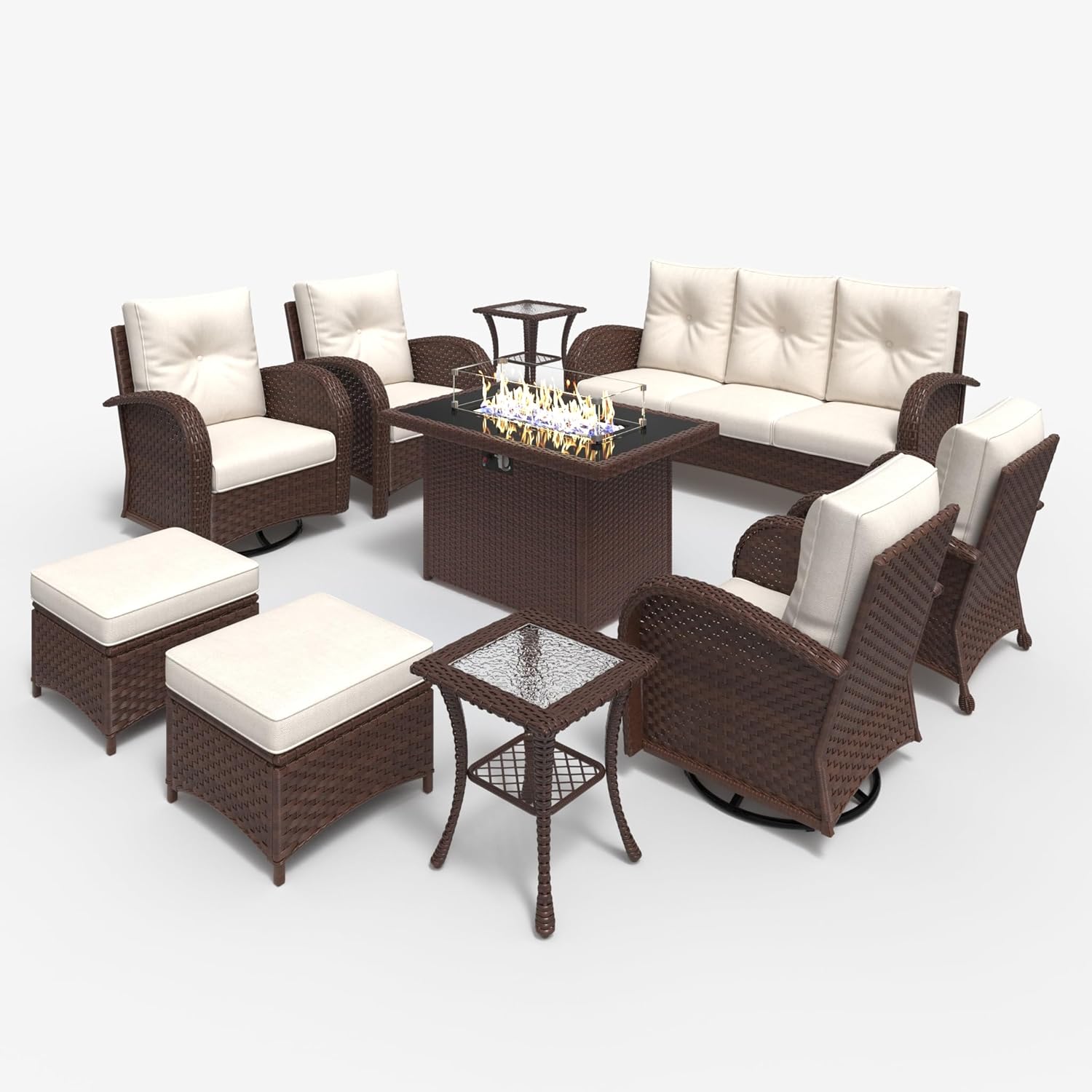 LayinSun 10 Pieces Outdoor Patio Furniture Set with Fire Pit Table, Rattan Wicker Sectional Swivel Rocker Chairs Sets