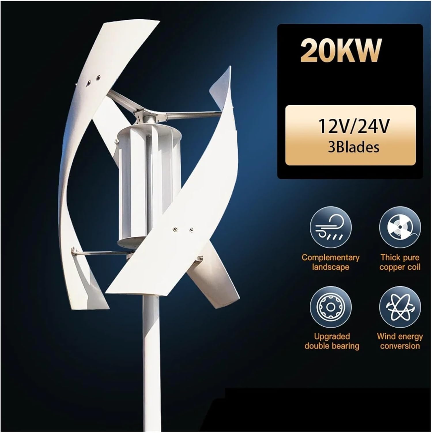 5KW Vertical Axis Wind Turbine High Voltage Generator 5000w 24V 48V with Charge Controller Household Windmill Low Starting Speed for Home(Hybrid Control,48V)