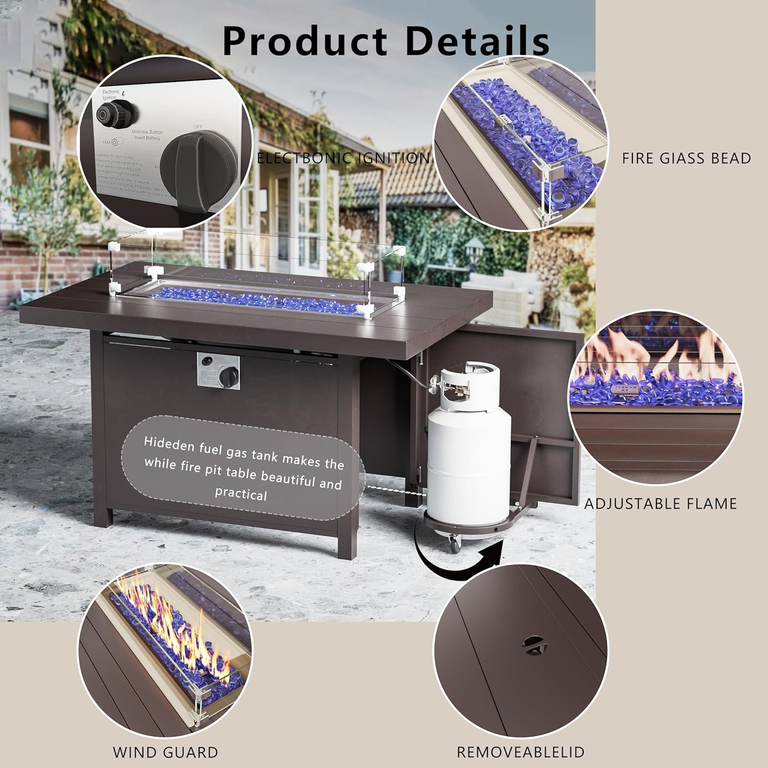 Outdoor Terrace Furniture Set, 15 Piece Outdoor Furniture Set, with 43 inch Aluminum 55002 BTU Propane fire Pit, PE Willow Vine Terrace Dialogue Set - Red.