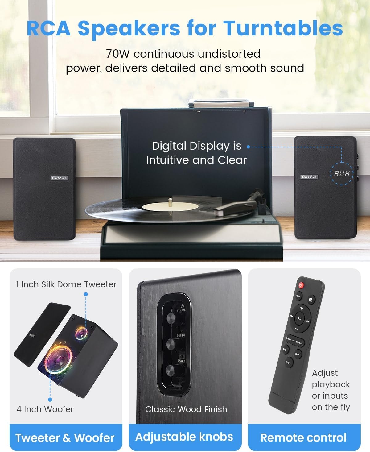 Powered Bookshelf Speakers Pair, 70W Surround Sound Home Stereo Speakers Wired Optical/ARC/RCA/AUX/BT Input Active Record Player Speakers with 4