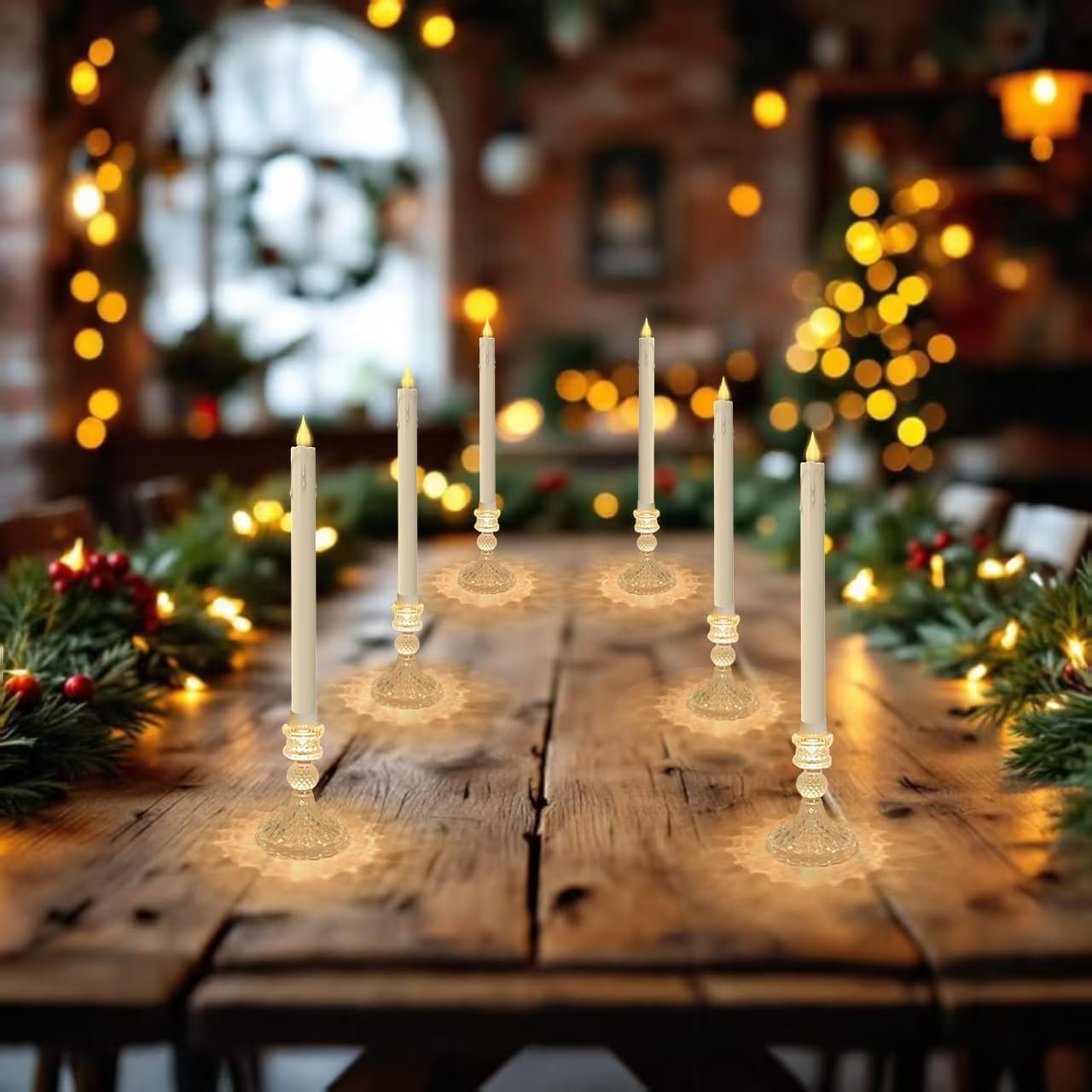 Flameless LED Taper Candles with Diamond Base Light - Hexagon Glass Holder, Remote Timer 2AA Battery Operated 500+ Hours for Thanksgiving/Xmas Decor, Wedding Centerpiece (Ivory, 6 Pack)