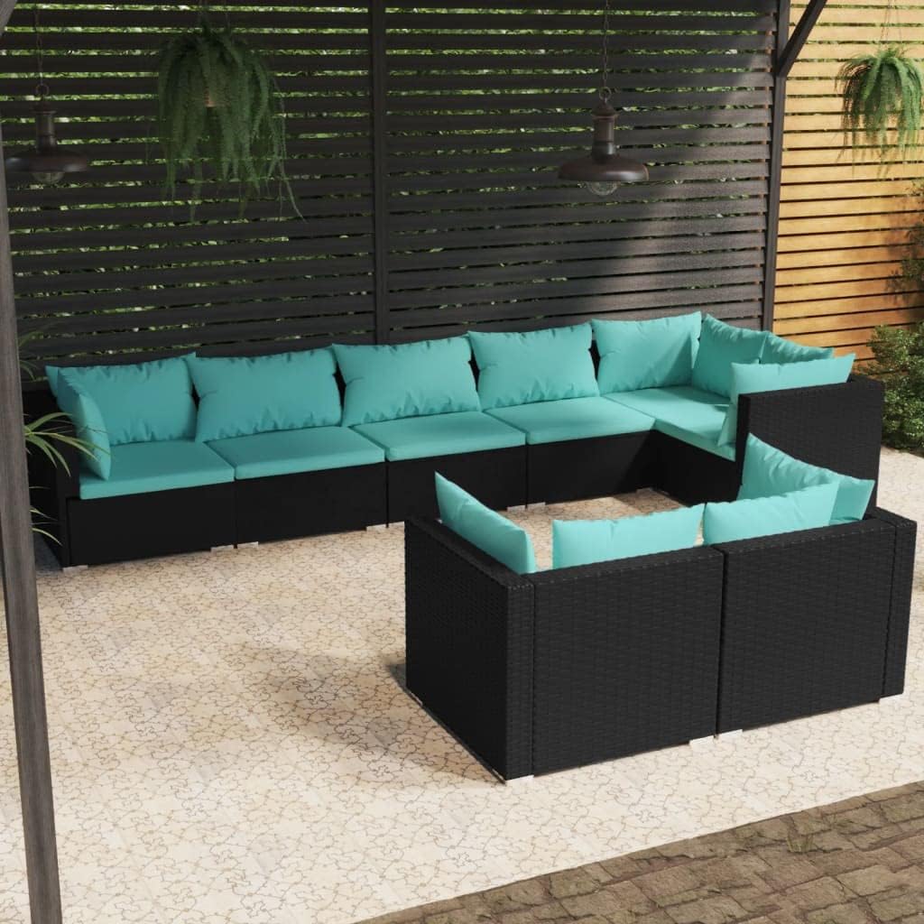 8 Piece Patio Lounge Set with Cushions Black Poly Rattan,Black Modular Rattan Patio Lounge Set with Water Blue Cushions for Outdoor Relaxation Patio Furniture, Outdoor Furniture Sets