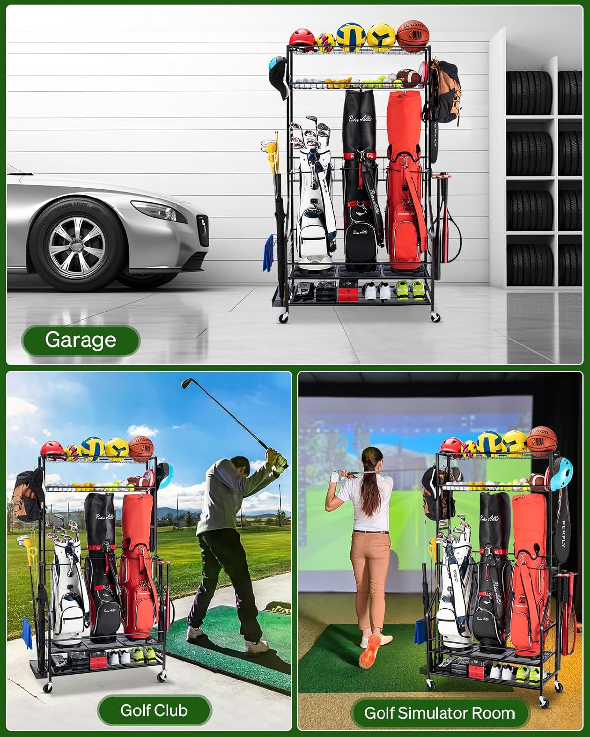 Golf Bag Storage Garage Organizer, 3 Golf Bag Stand and Sports Equipment Storage Rack for Garage with Wheels, 4 Hooks, Golf Accessories Storage Rack with Extra Golf Clubs Display Rack
