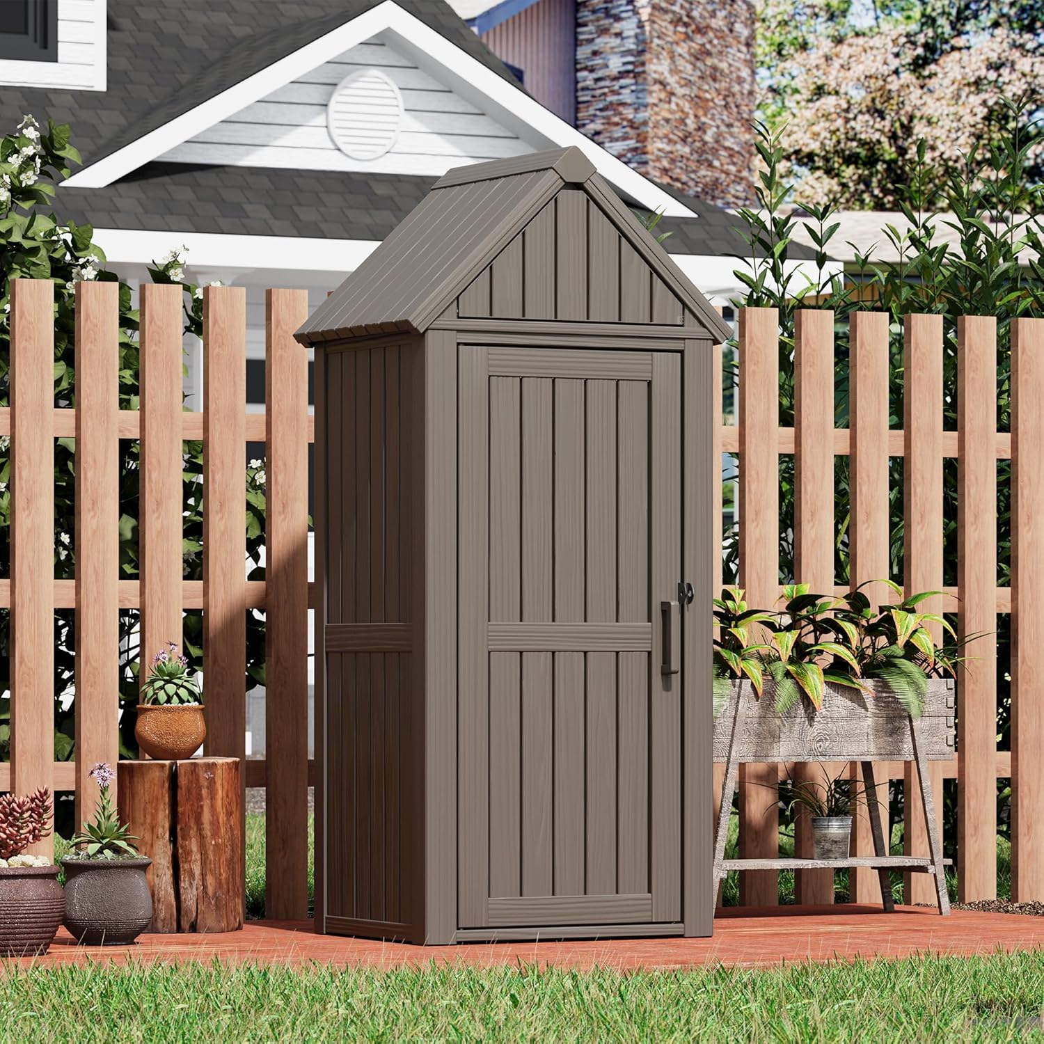 Fancyango Outdoor Resin Storage Shed, Upgrade Sturdy Storage Cabinet with Removable Shelves and Lock Ring, Reinforced Floor, All-Weather Construction for Garden Patio Lawn (Gray)