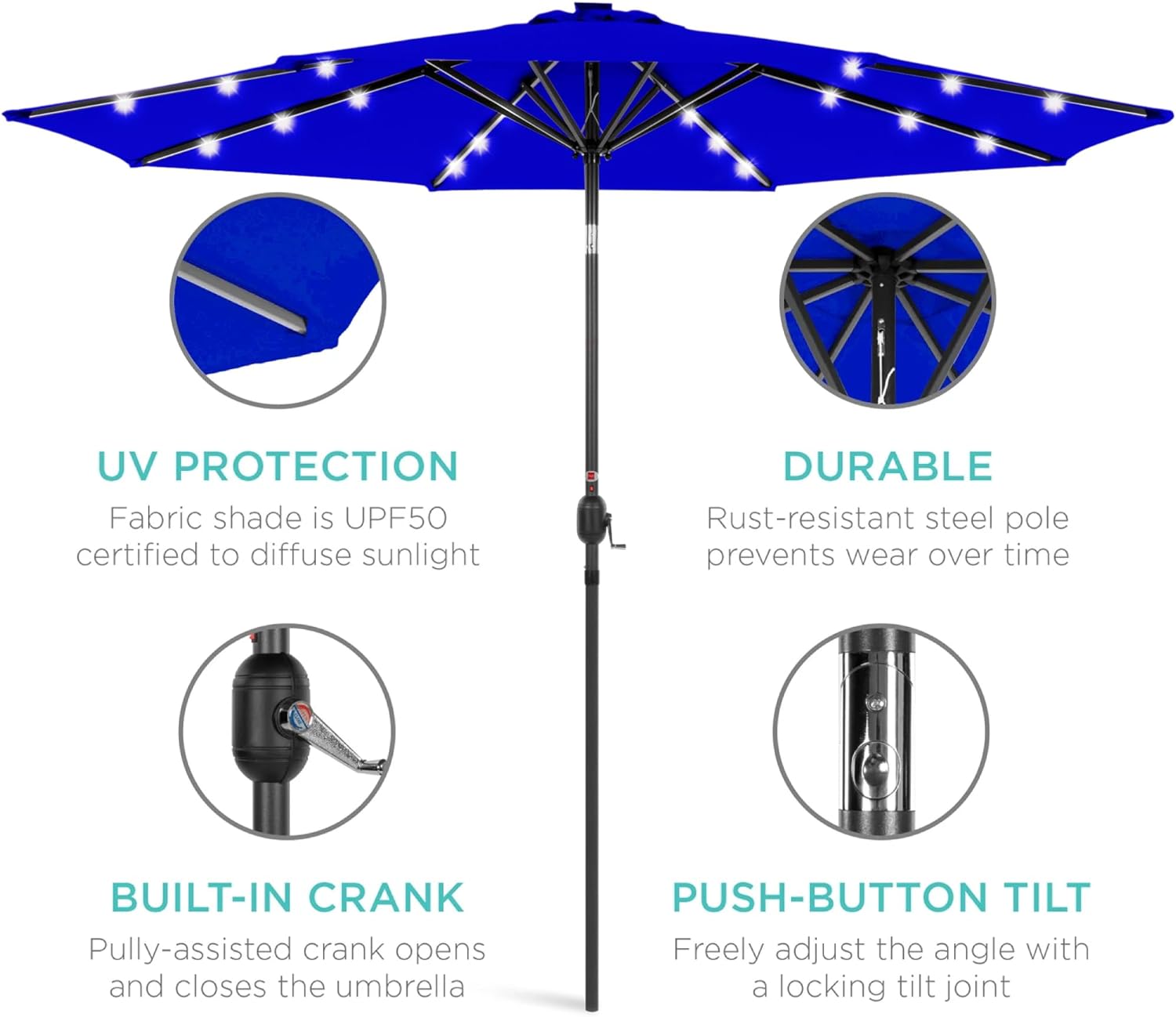 Best Choice Products 10ft Solar Polyester LED Lighted Patio Umbrella w/Tilt Adjustment and UV-Resistant Fabric - Resort Blue