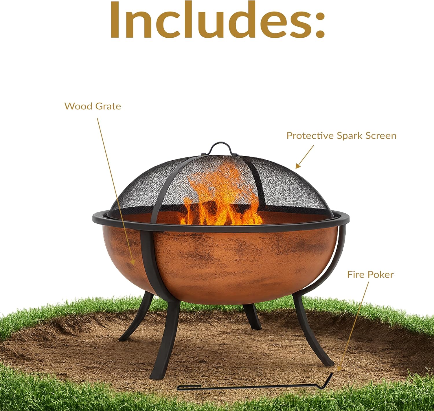 Sunnydaze 32-Inch Copper Fire Pit for Outside - Wood-Burning Fire Pit Bowl with Spark Screen, Wood Grate, and Poker