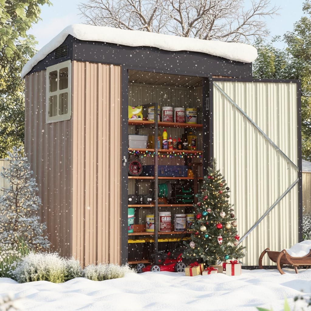 Quictent 5X3 FT Heavy Duty Outdoor Metal Storage Shed,Lockable Garden Shed with Rotating Roof, Waterproof Shed for Bike Storage, Tool Storage, Temporary Storage,Brown(5.5X2.8 FT Base, No Floor)