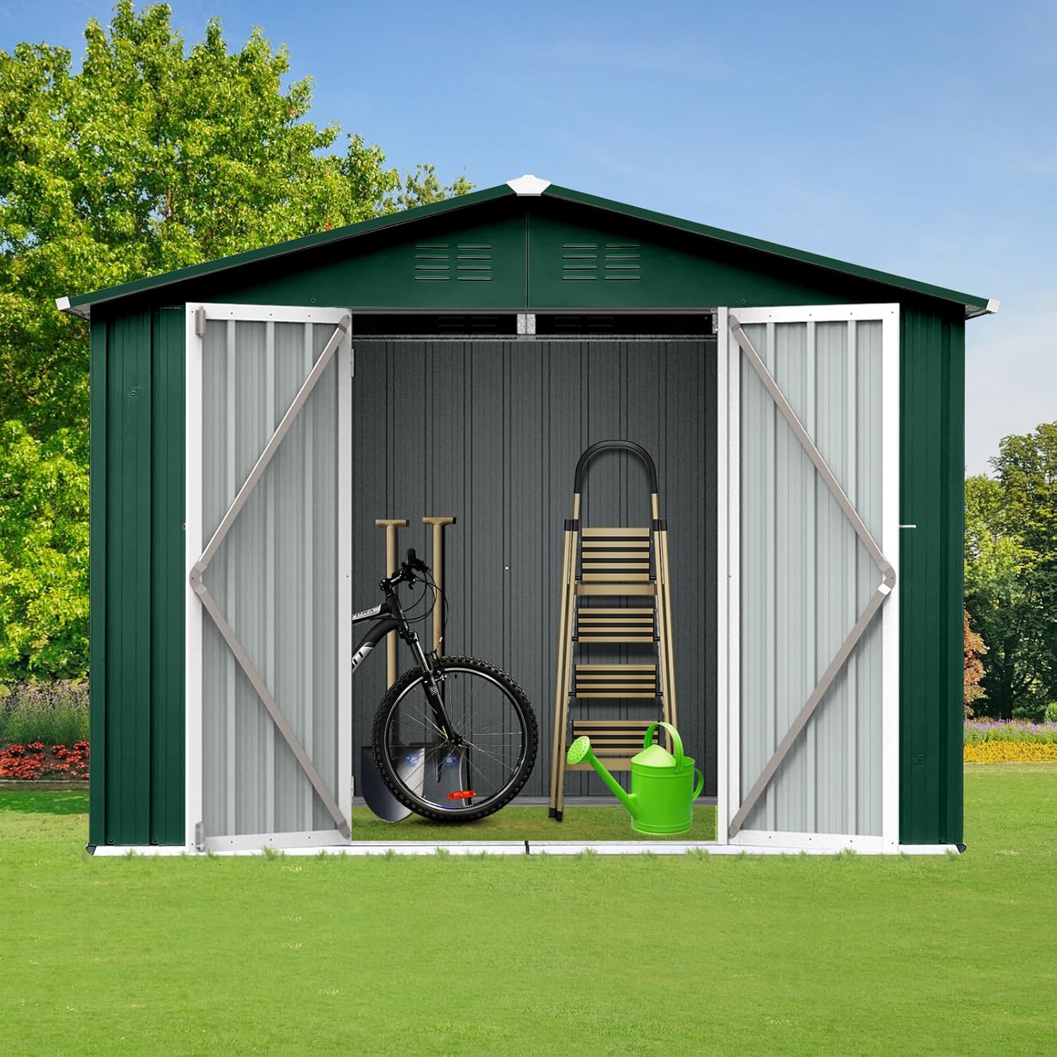 Herringbone Metal Garden Shed 6ftx8ft Outdoor Storage Shed, Heavy-Duty Steel Construction, Weather-Resistant Utility Shed for Garden Tools - Lawn Equipment (Green)