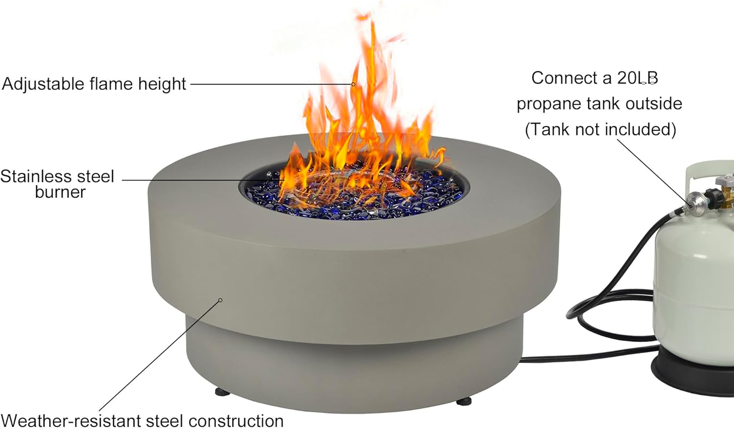 Propane Outdoor Fire Pit Table, Flint & Concrete Look 32.5-inch Round Patio Propane Fire Table 50,000 BTU w/Lid, Glass Rocks, Cover, Pre-Attached 10ft Hose