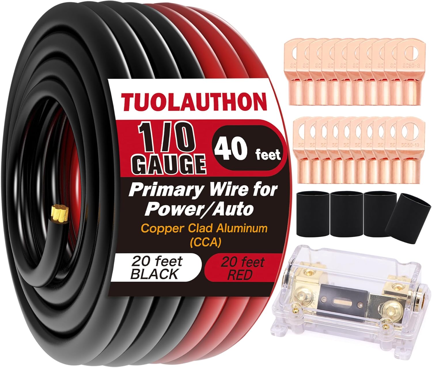 1/0 Gauge Wire Copper Clad Aluminum CCA-Car Amplifier Power & Ground Cable,Primary Automotive Wire,Battery Cable for Car Audio Speaker,Solar, Auto, Marine & RV Trailer(20ft Black+20ft Red)