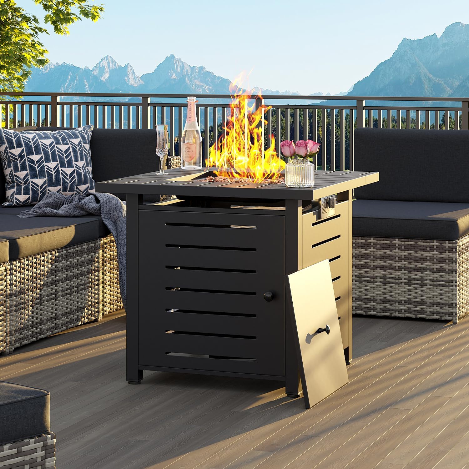 Aoxun 28 Inch Propane Fire Pit – 50,000 BTU Square Outdoor Gas Fire Pit Table for Outside, 2 in 1 Fire Table with Lava Rocks & Lid for Backyard, Patio, Deck, Garden