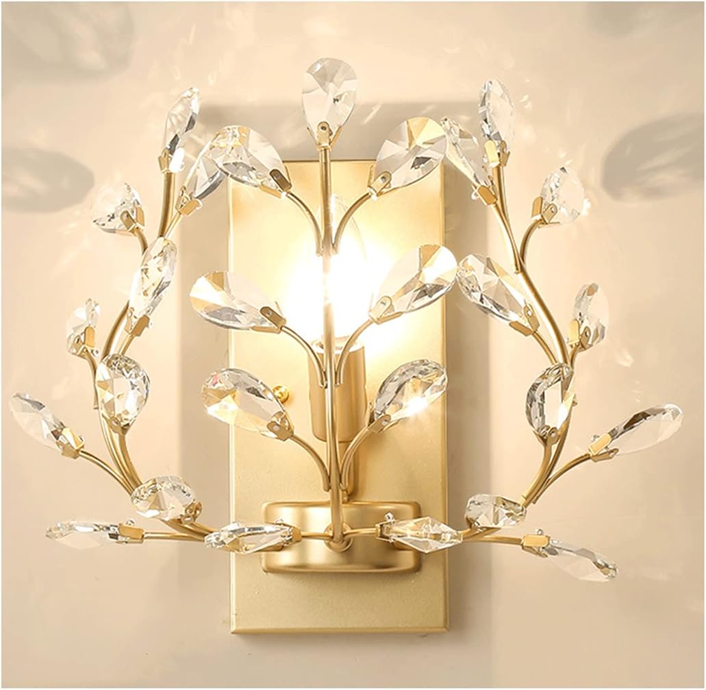 Wall Sconces Vintage Elegant Crystal Wall Light Flower Branch Crystal Wall Sconces Wall Mounted Lighting Fixture for Bedroom Bedside Living Room Hallway Bathroom Mirror Decor Lamp(Gold)