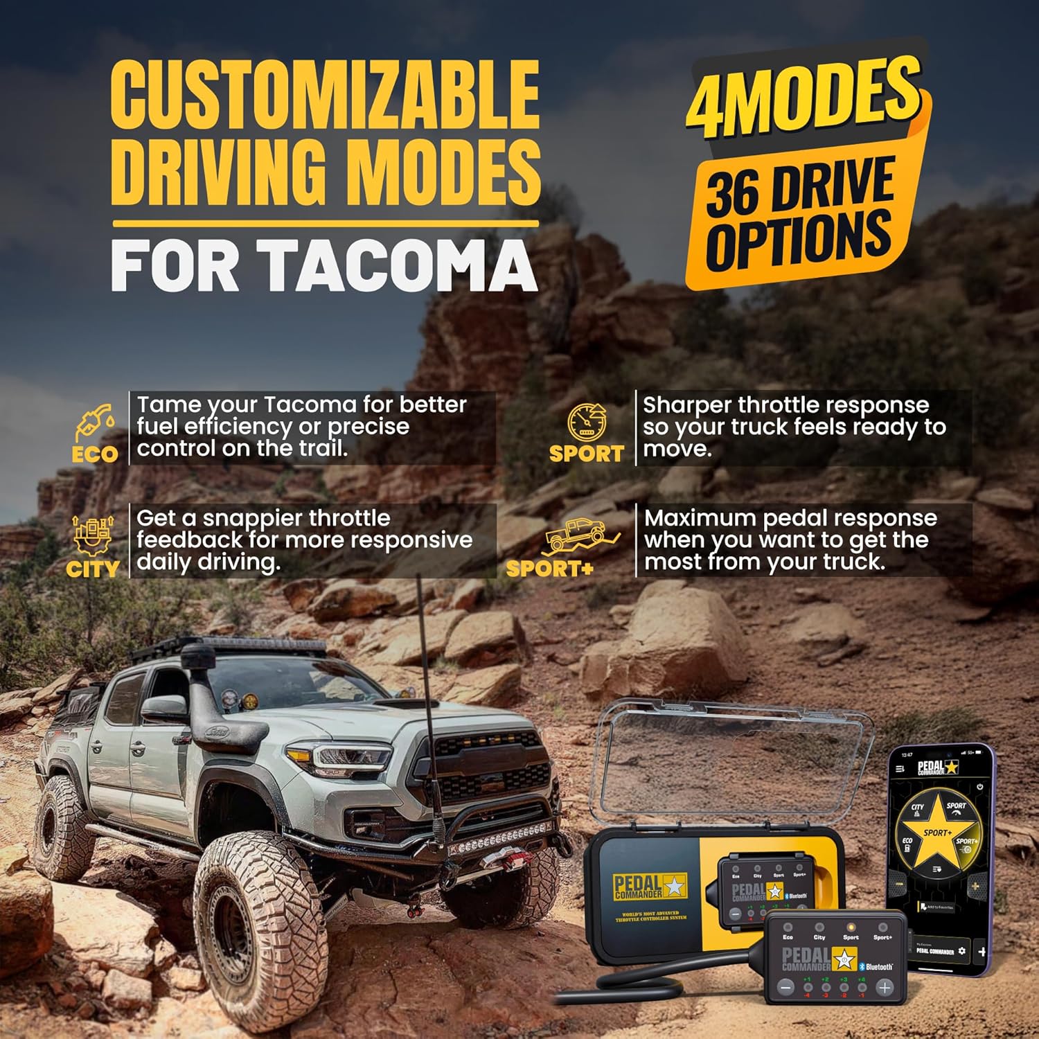 PEDAL COMMANDER Throttle Response Controller Compatible with Toyota Tacoma 2005-2023, Plug-and-Play Upgrade, 4 Driving Modes, App Control and Anti-Theft, Off-Road Performance Mods, Tacoma Accessories
