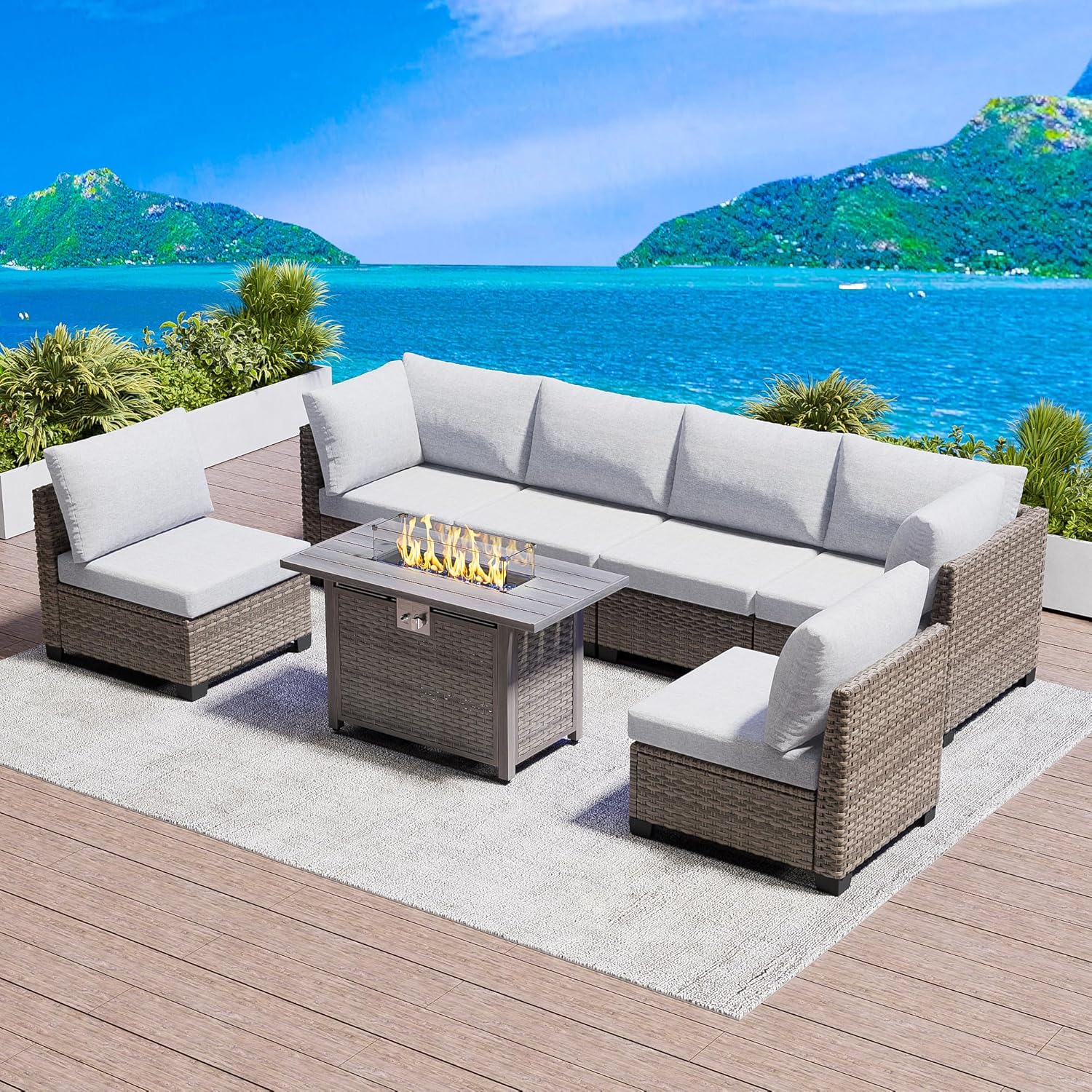 Patio Furniture Set Q01 Series Sofa 7 Pieces Outdoor Furniture Set Sectional Couch with Fire Pit Table Balcony Furniture Patio Table and Chairs Set with Propane Fire Pit