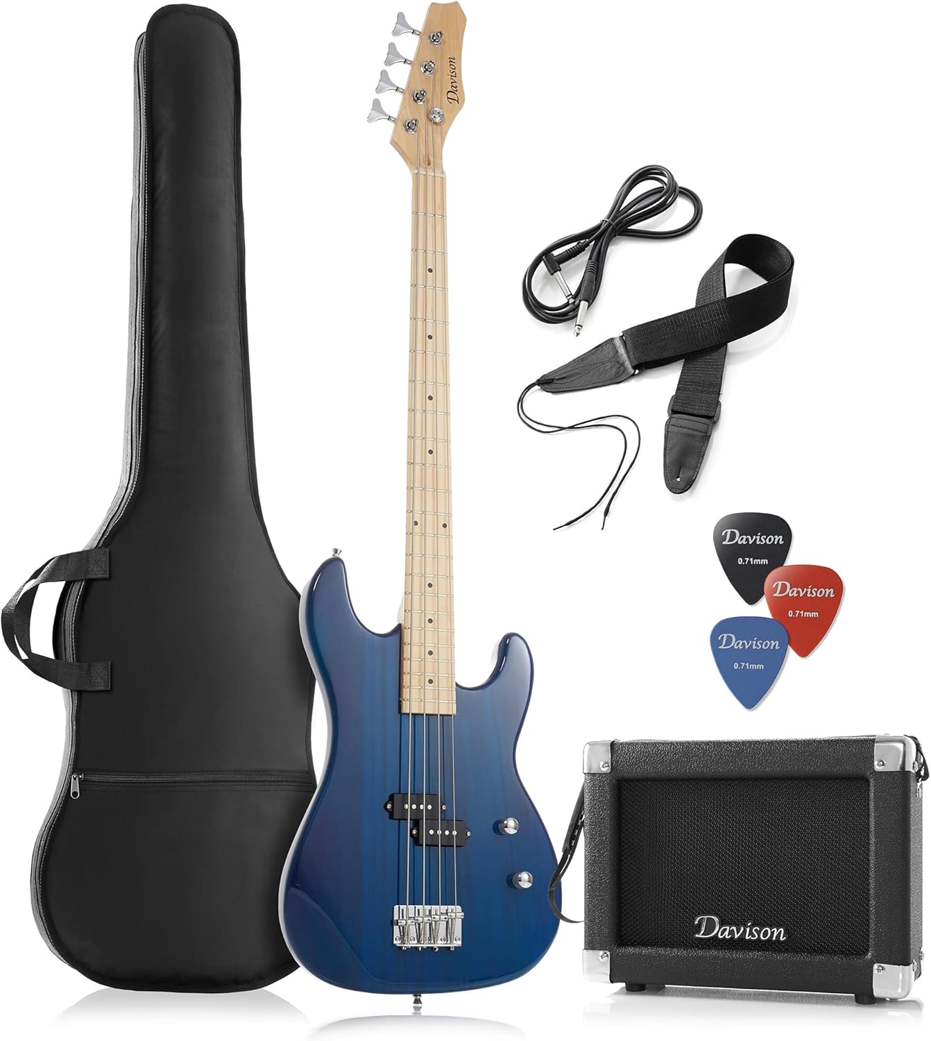 Davison Guitars Full Size Electric Bass Guitar with 15-Watt Amp, Blue - 4 String Right Handed Beginner Kit with Gig Bag and Accessories