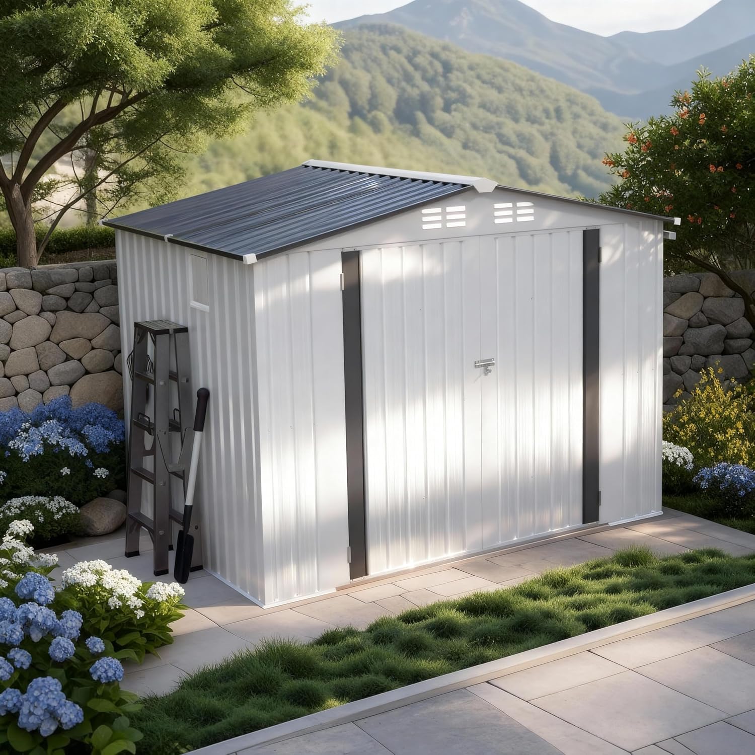 ARMSET 8x6 FT Metal Outdoor Storage Shed for Backyard, Patio, and Garden - Heavy Duty Tool Shed with Lockable Door & Side Window, Waterproof Galvanized Steel Storage Building for Bike and Tool Storage